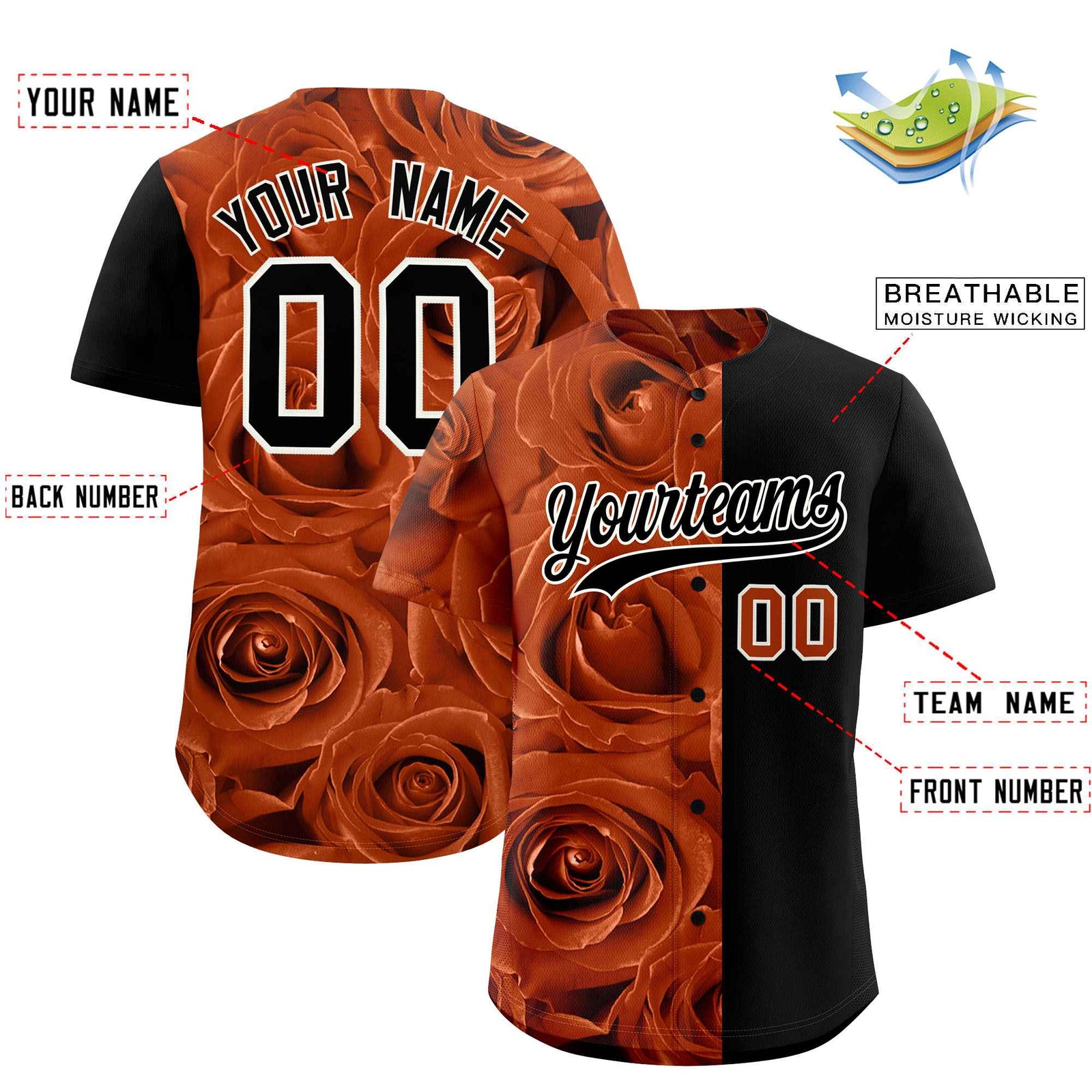 Custom Texas Orange Black Split Rose Print Authentic Baseball Jersey