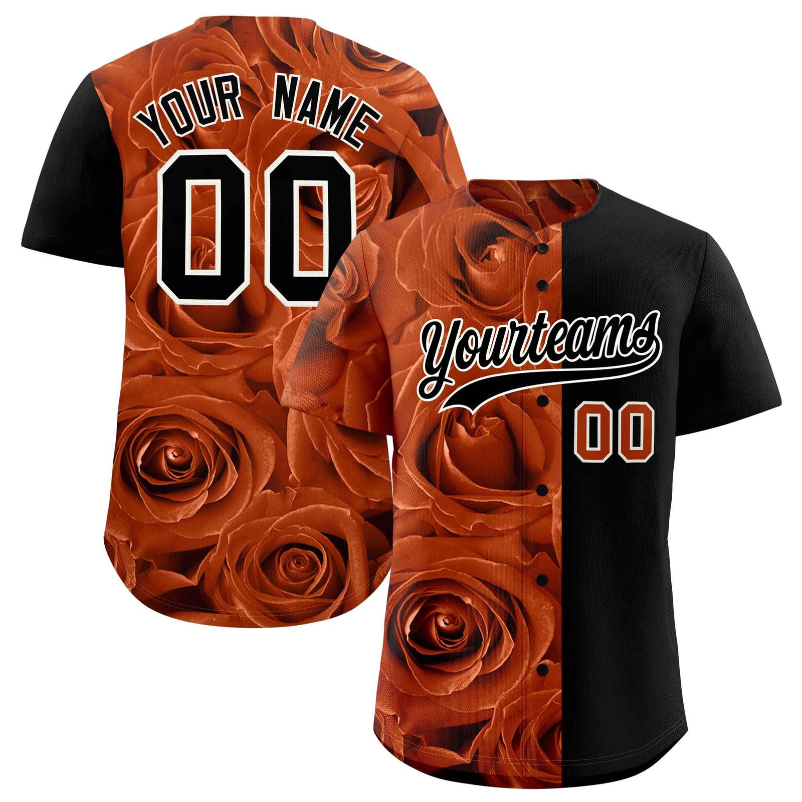 Custom Texas Orange Black Split Rose Print Authentic Baseball Jersey