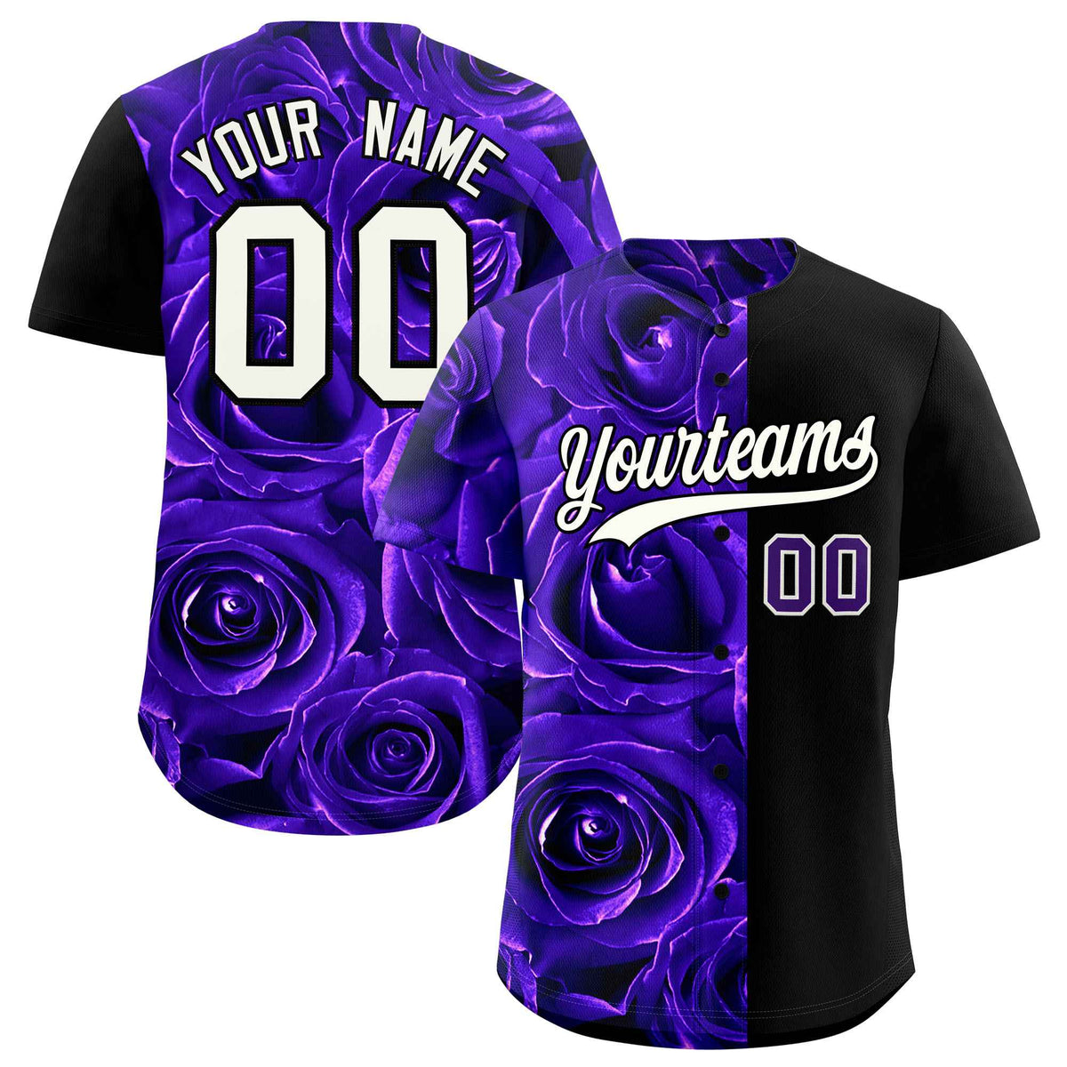 Custom Purple Black Split Rose Print Authentic Baseball Jersey