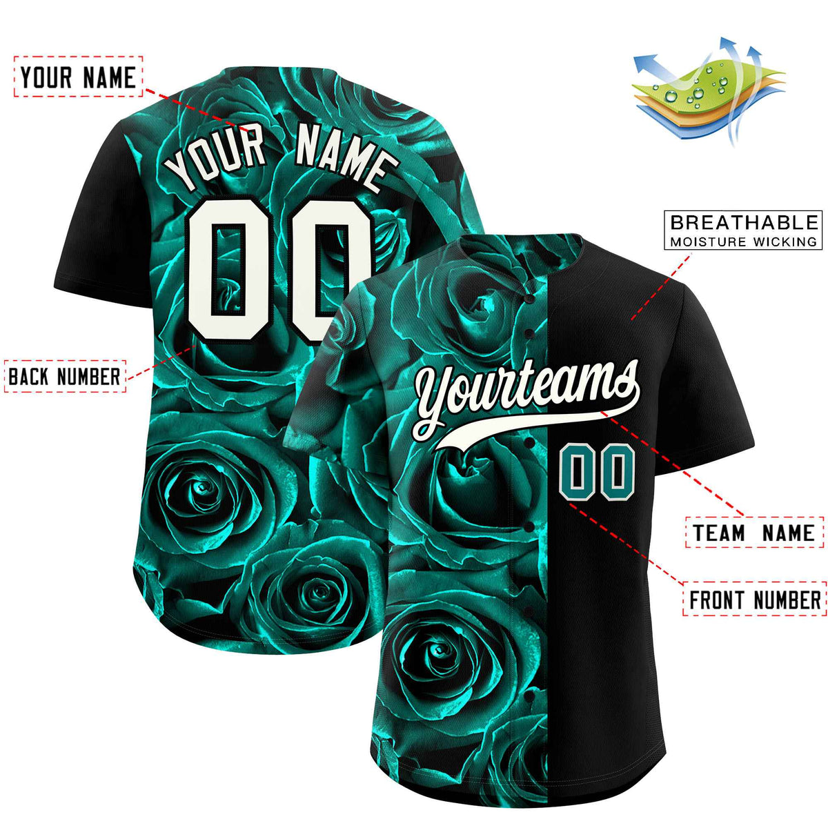 Custom Aqua Black Split Rose Print Authentic Baseball Jersey
