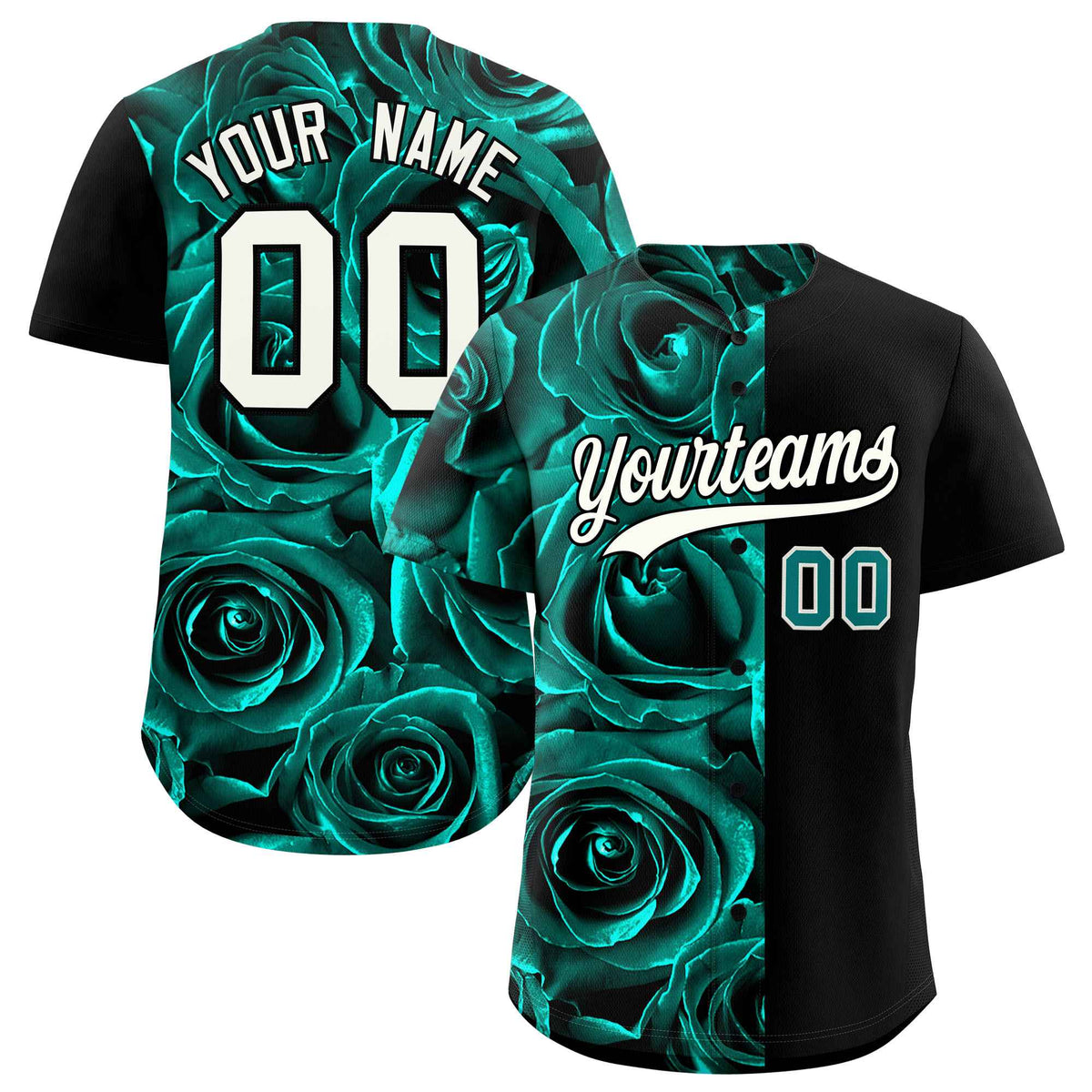 Custom Aqua Black Split Rose Print Authentic Baseball Jersey