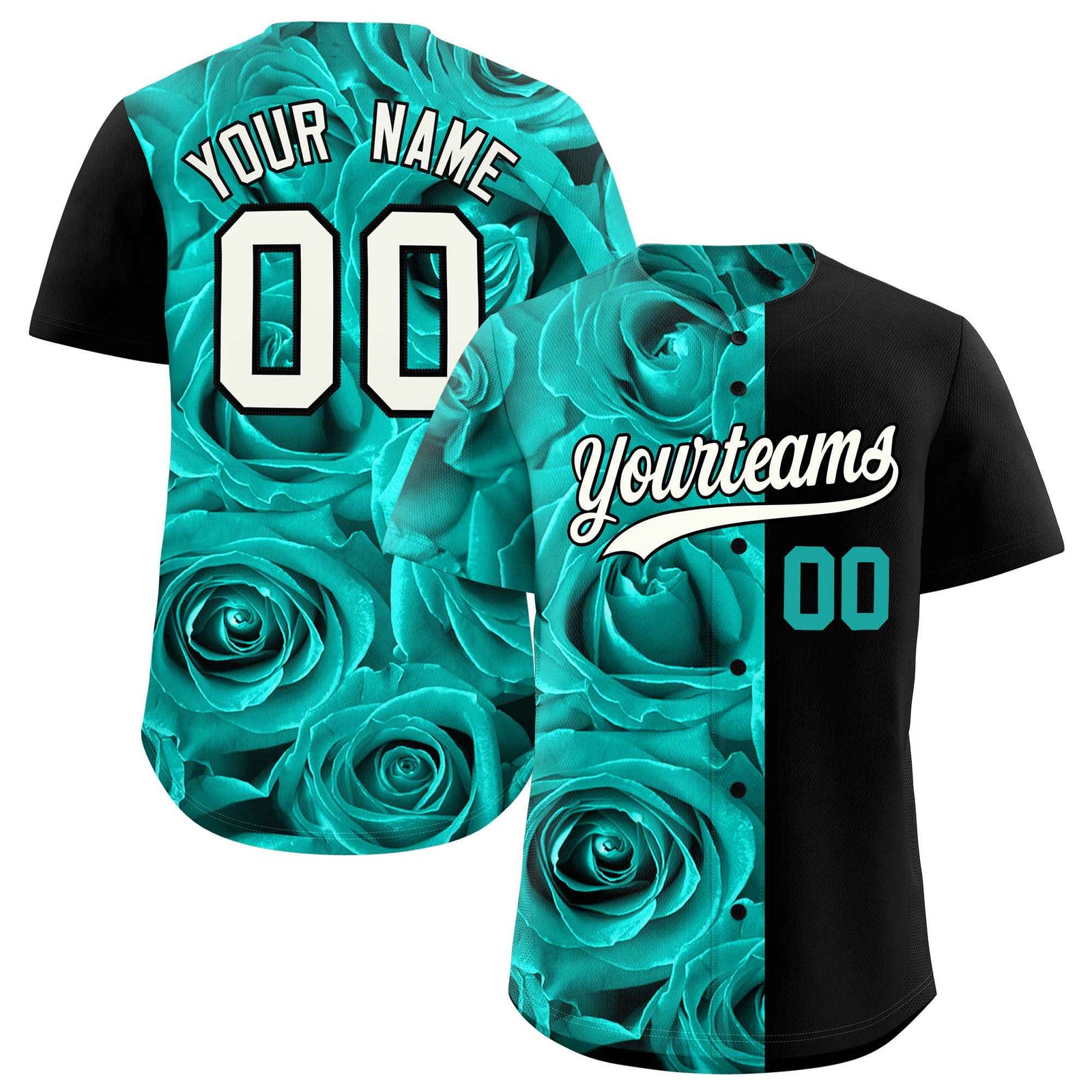 Custom Bright Green Black Split Rose Print Authentic Baseball Jersey
