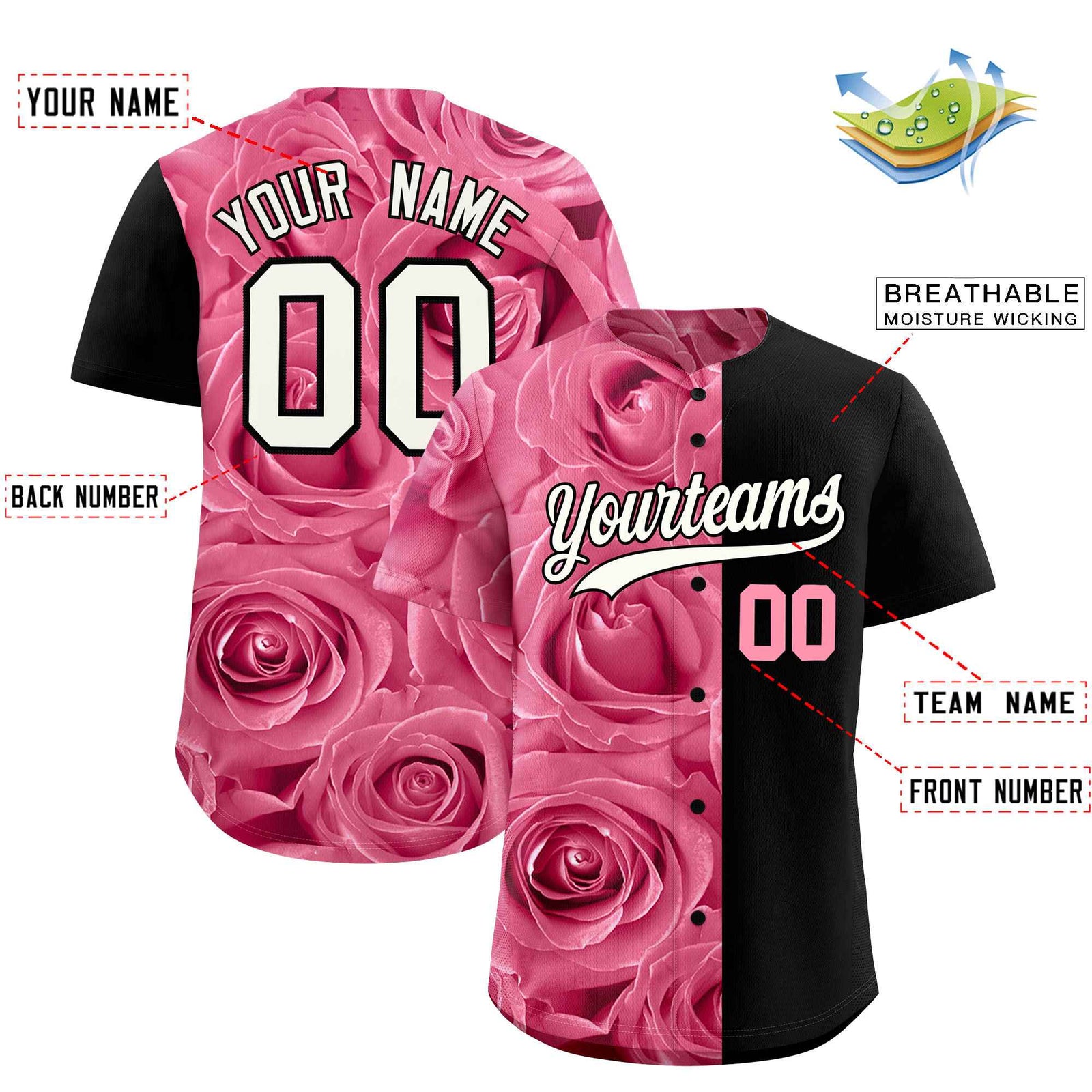 Custom Light Pink Black Split Rose Print Authentic Baseball Jersey