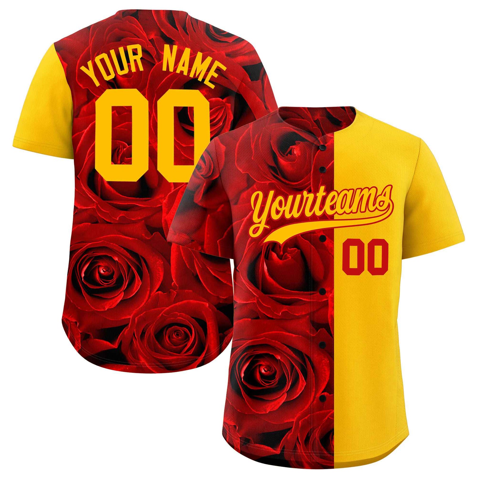 Custom Red Yellow Split Rose Print Authentic Baseball Jersey