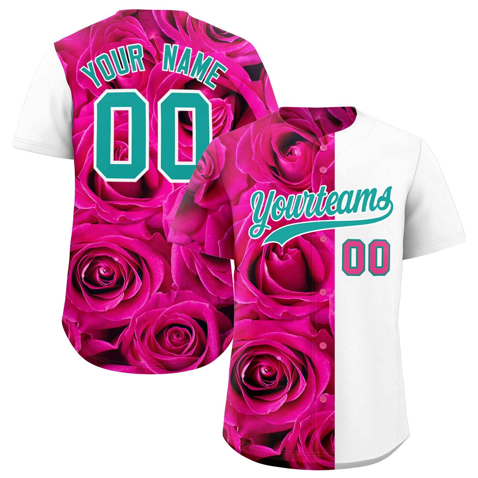 Custom Pink White Split Rose Print Authentic Baseball Jersey