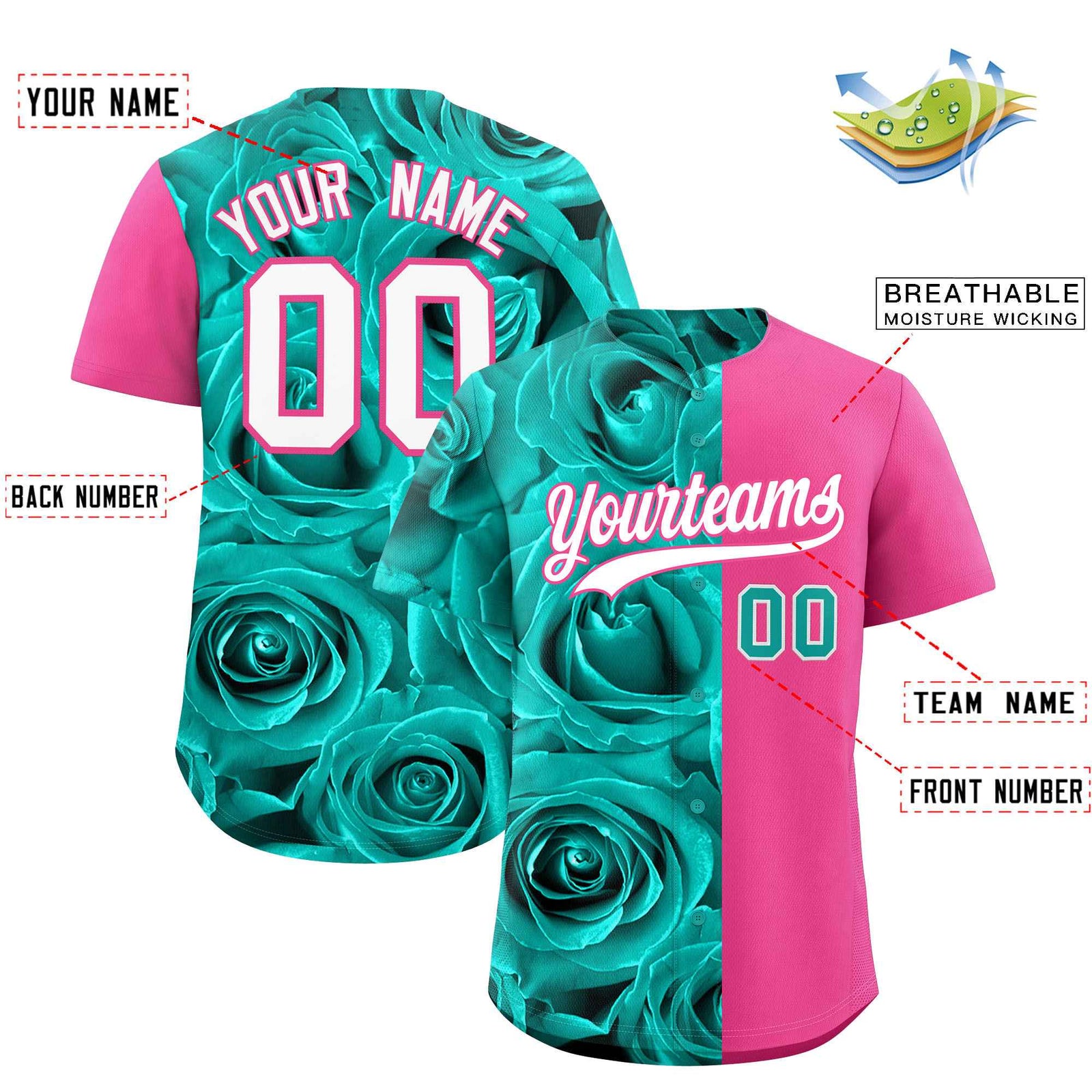 Custom Aqua Pink Split Rose Print Authentic Baseball Jersey
