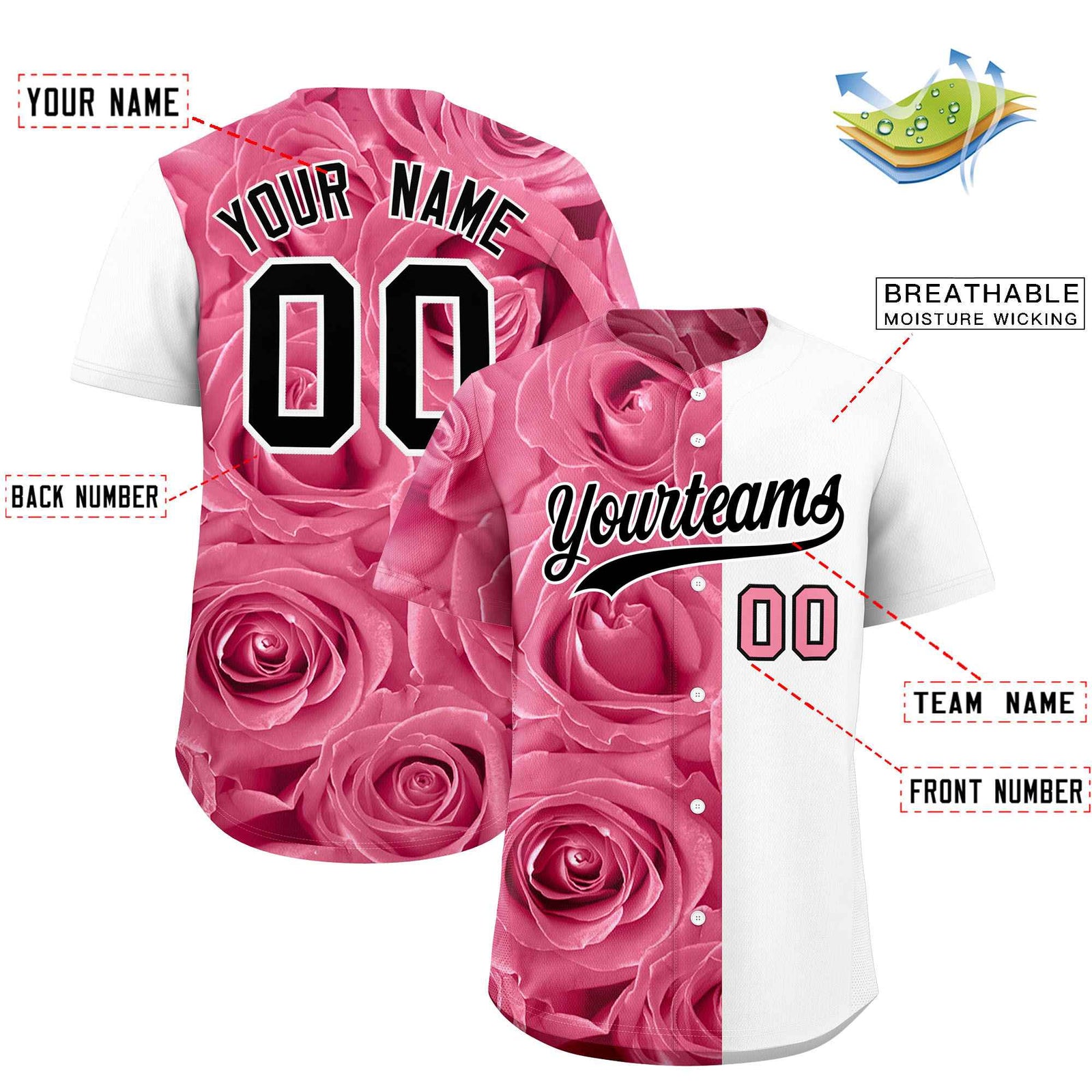 Custom Light Pink White Split Rose Print Authentic Baseball Jersey