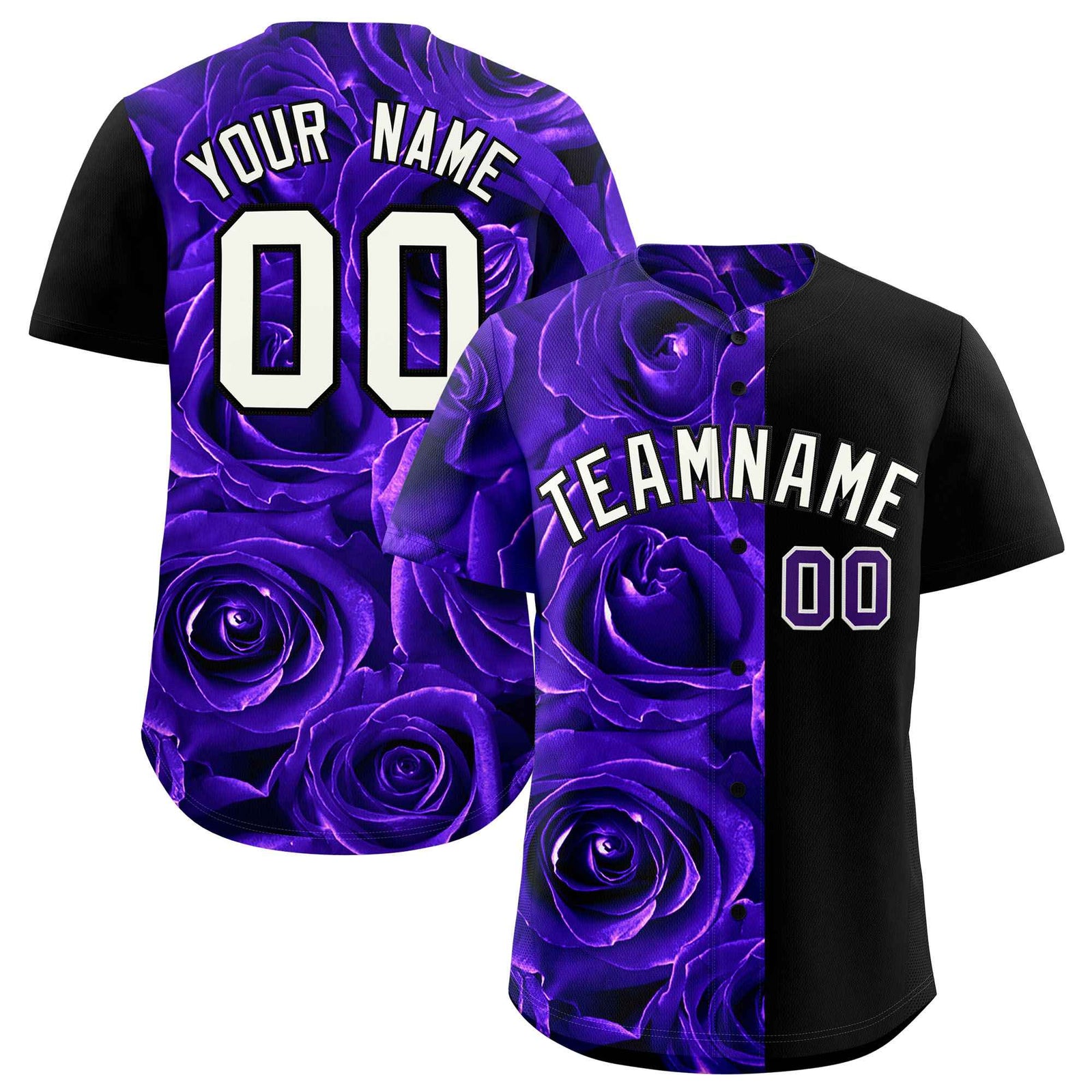 Custom Purple Black Split Rose Print Authentic Baseball Jersey