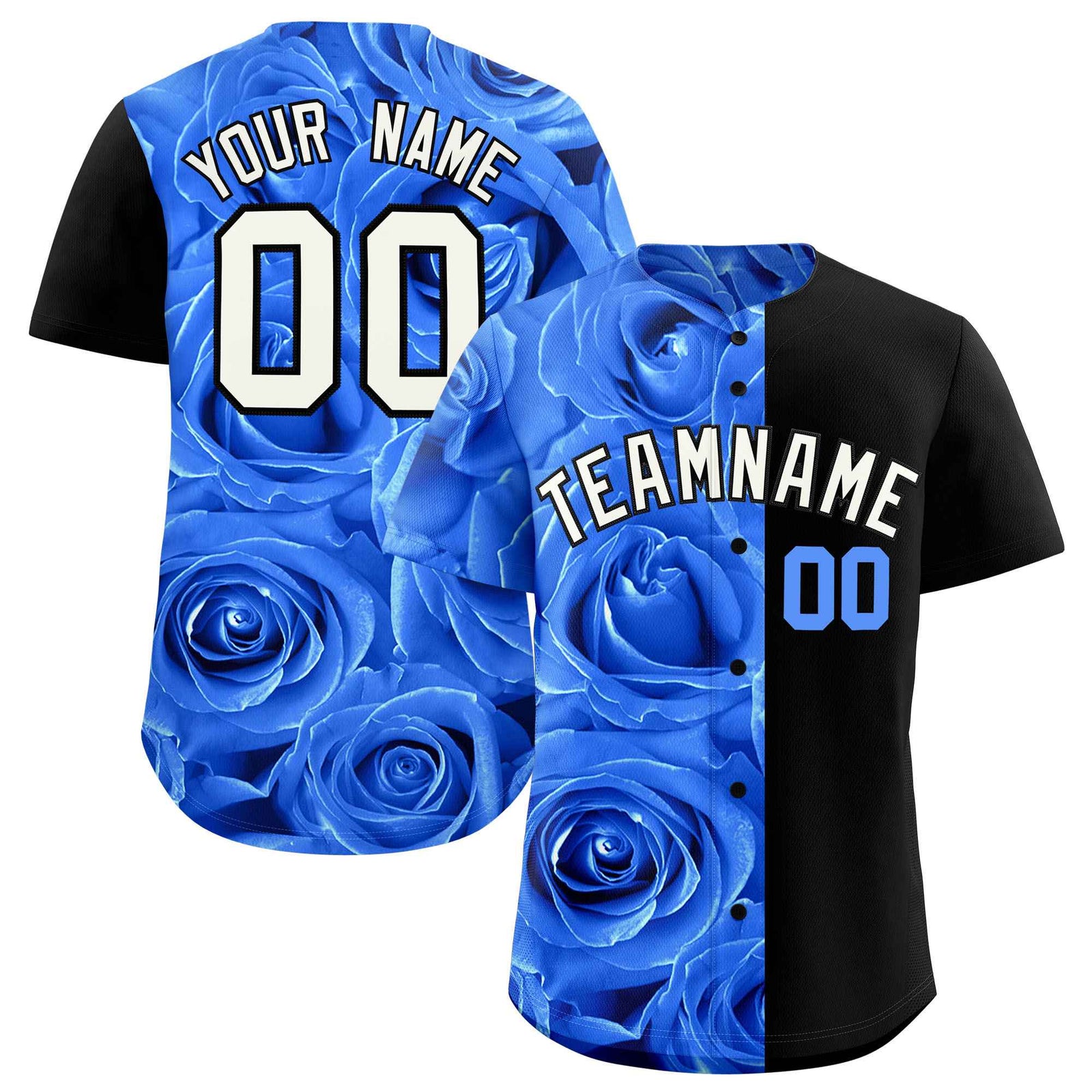 Custom Powder Blue Black Split Rose Print Authentic Baseball Jersey