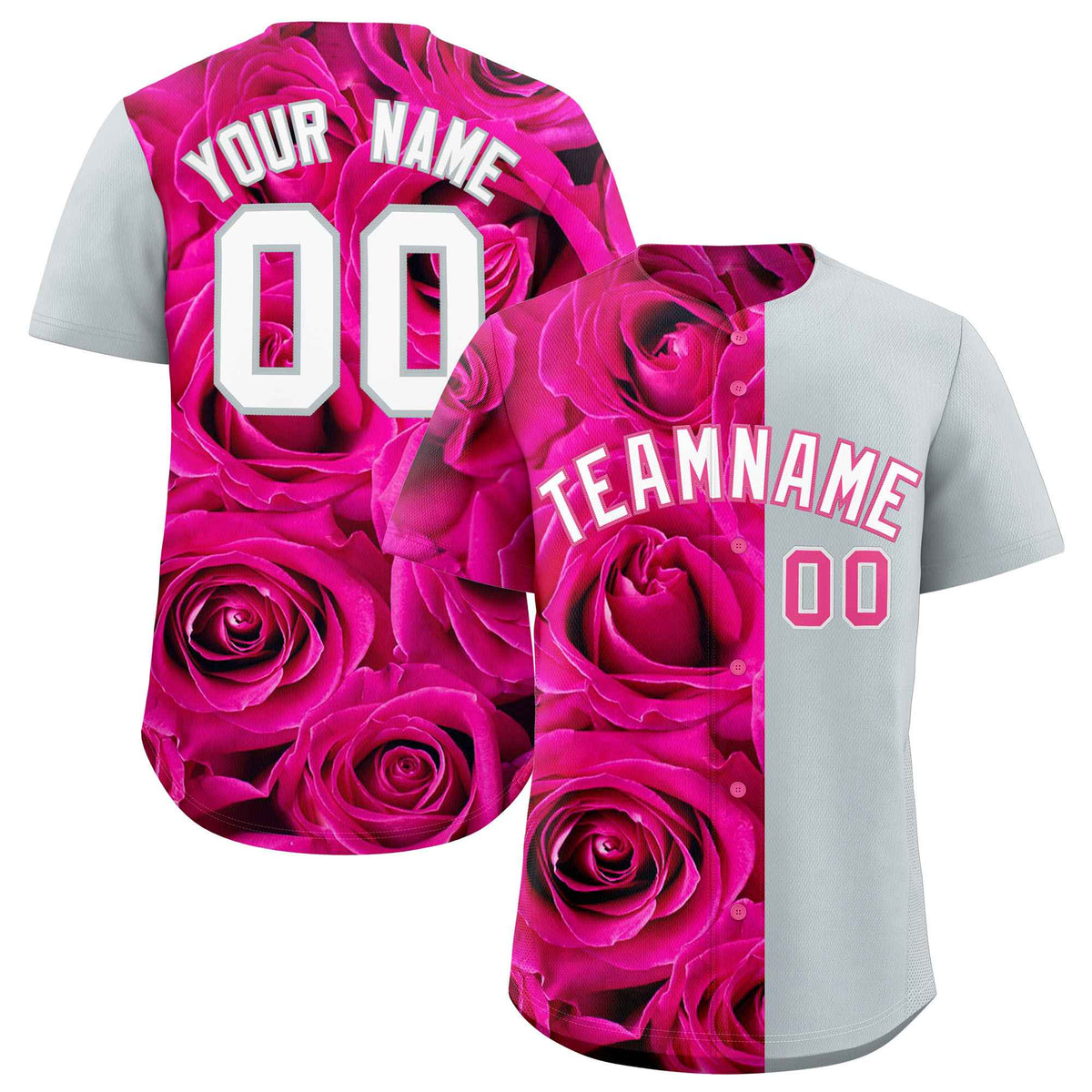 Custom Pink Silver Split Rose Print Authentic Baseball Jersey
