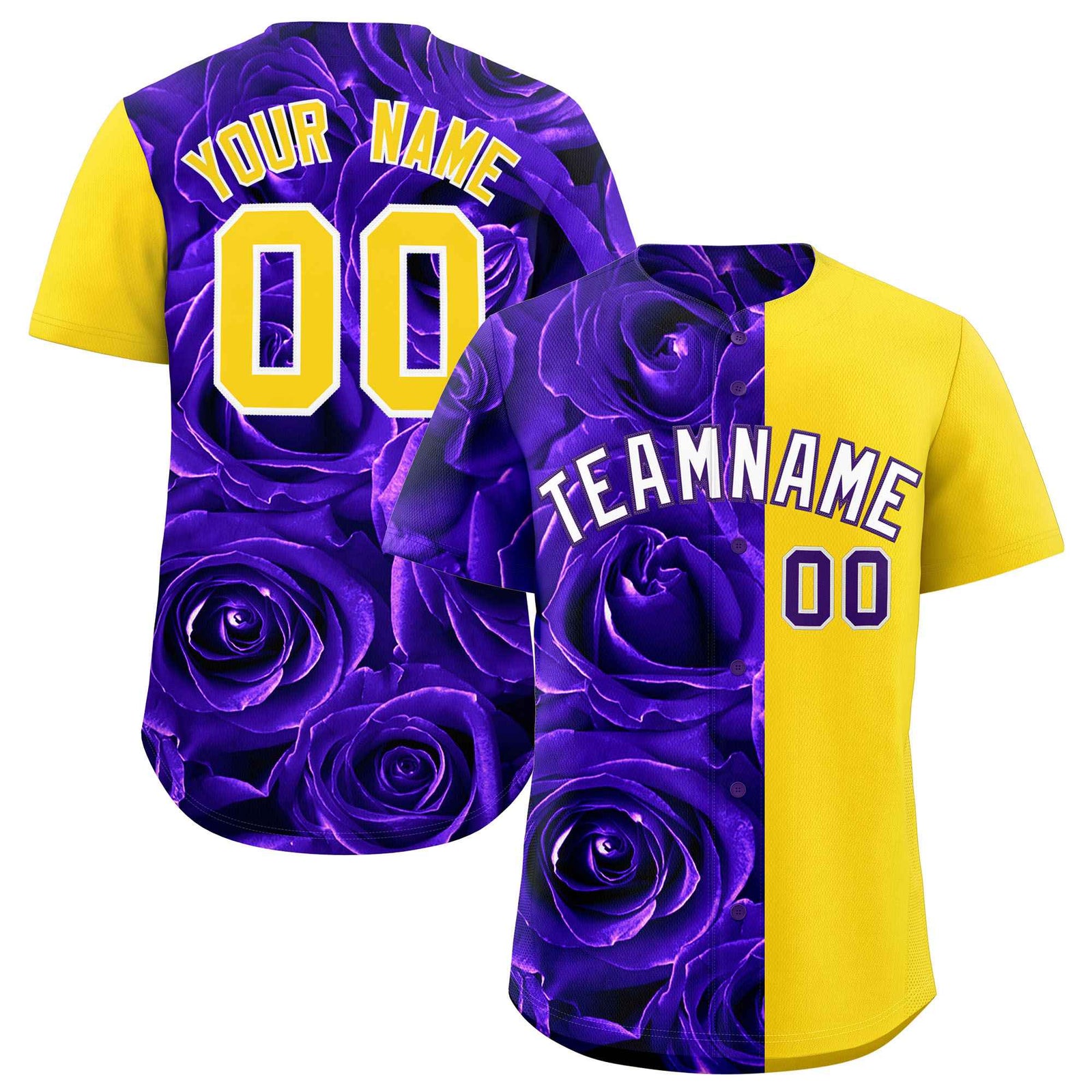 Custom Purple Gold Split Rose Print Authentic Baseball Jersey