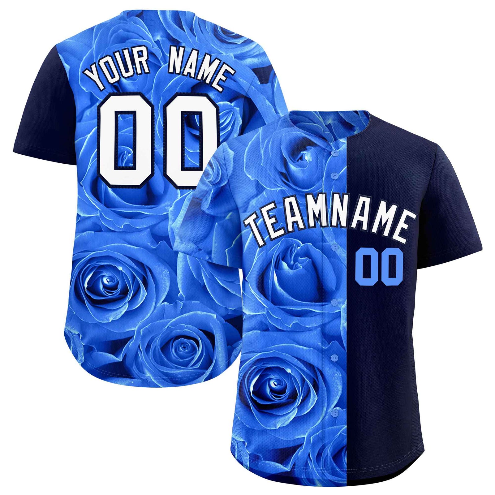 Custom Powder Blue Navy Split Rose Print Authentic Baseball Jersey