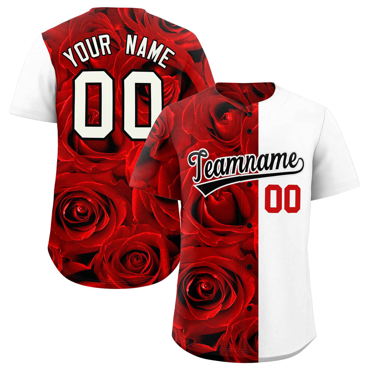 Custom Red White Split Rose Print Authentic Baseball Jersey