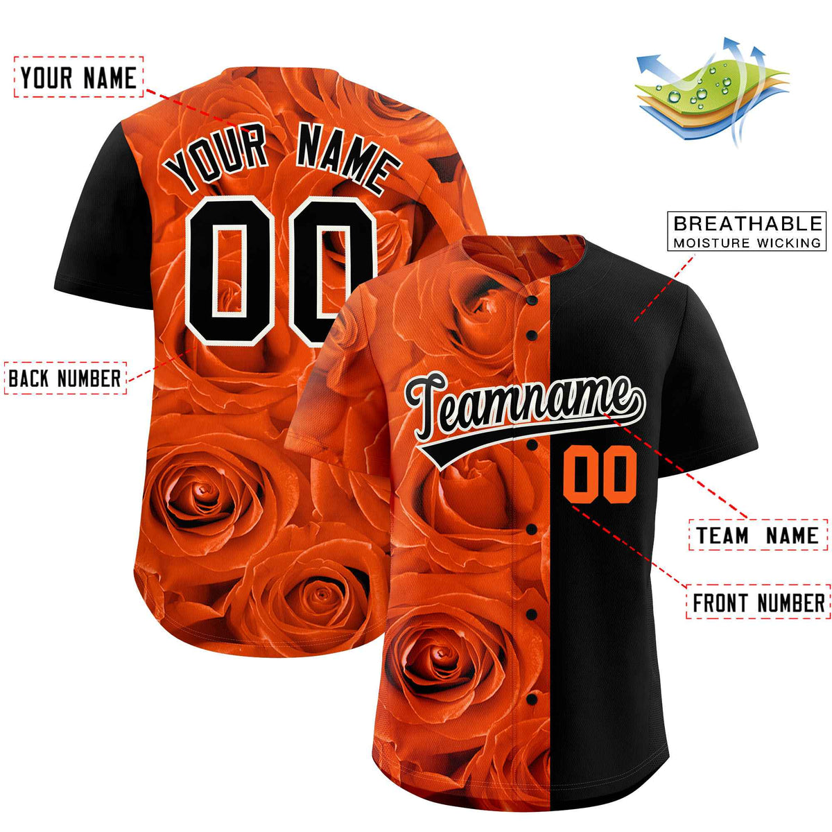 Custom Orange Black Split Rose Print Authentic Baseball Jersey