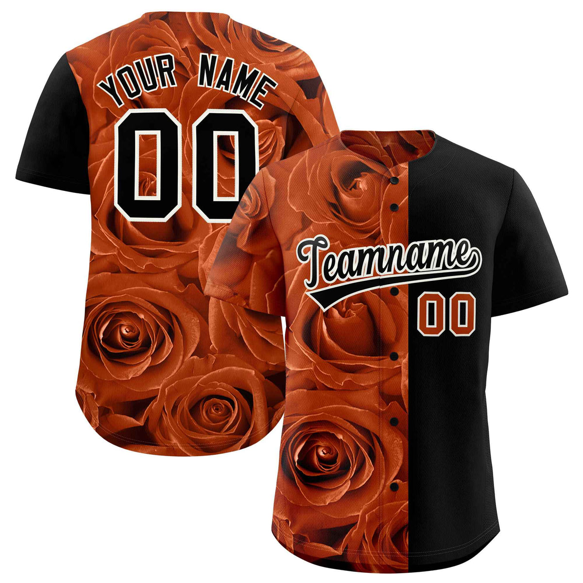 Custom Texas Orange Black Split Rose Print Authentic Baseball Jersey