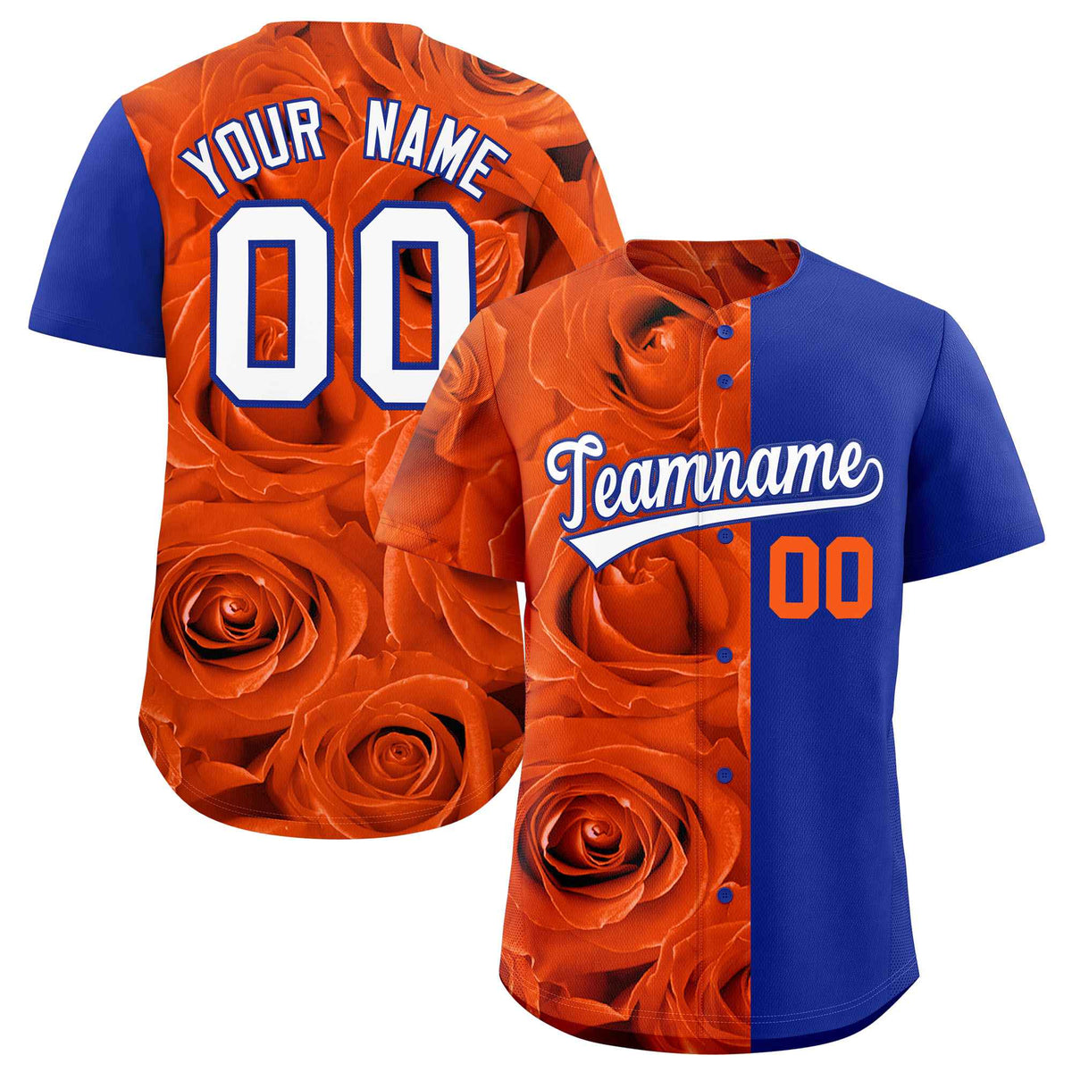 Custom Orange Royal Split Rose Print Authentic Baseball Jersey