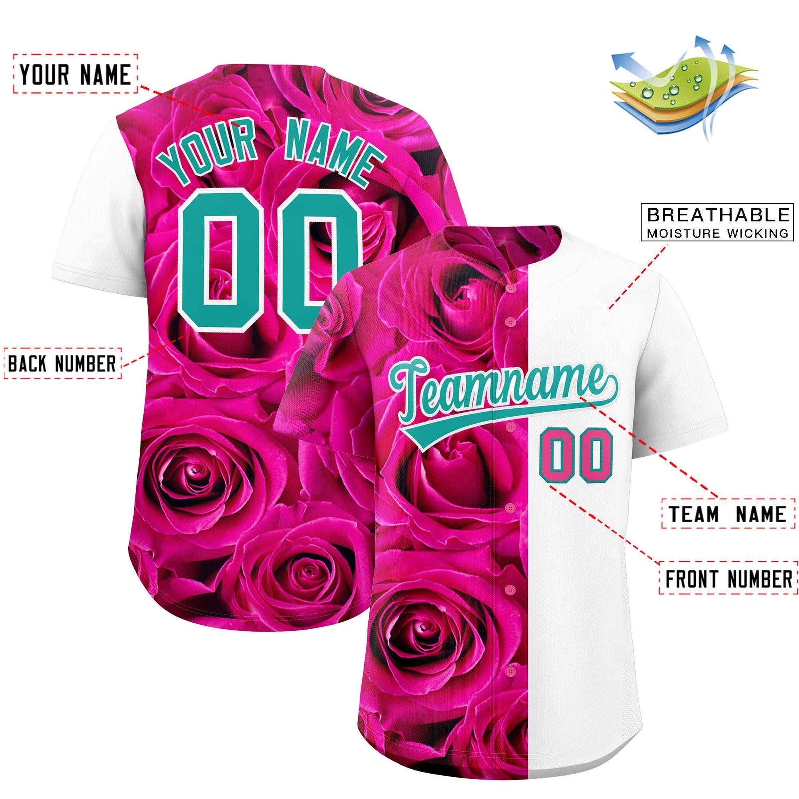 Custom Pink White Split Rose Print Authentic Baseball Jersey