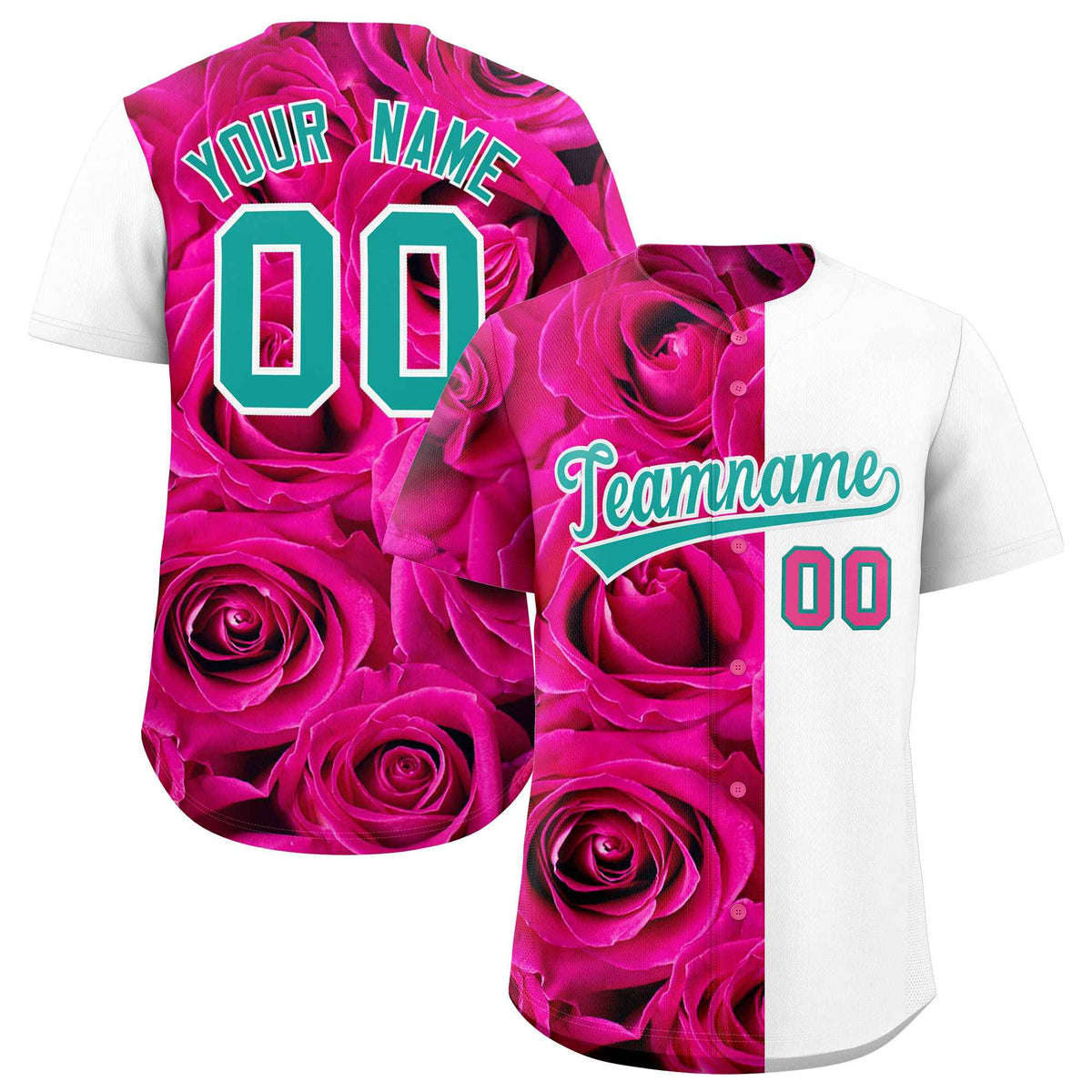 Custom Pink White Split Rose Print Authentic Baseball Jersey