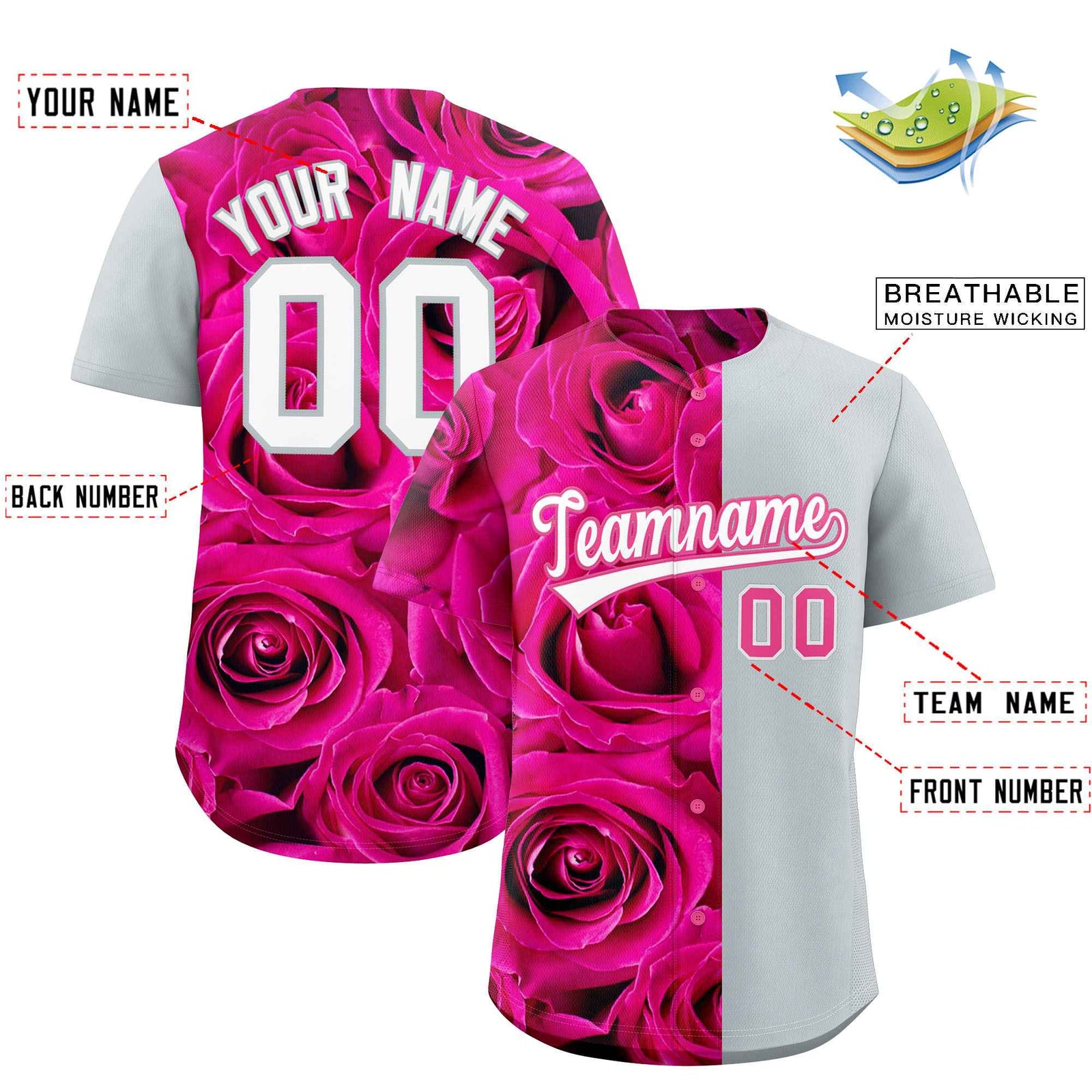 Custom Pink Silver Split Rose Print Authentic Baseball Jersey