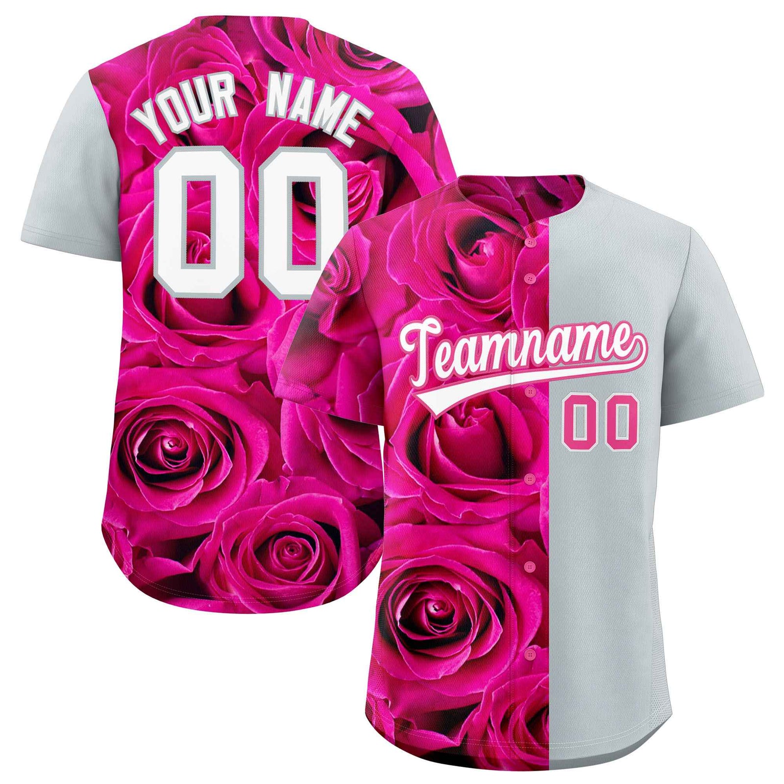 Custom Pink Silver Split Rose Print Authentic Baseball Jersey