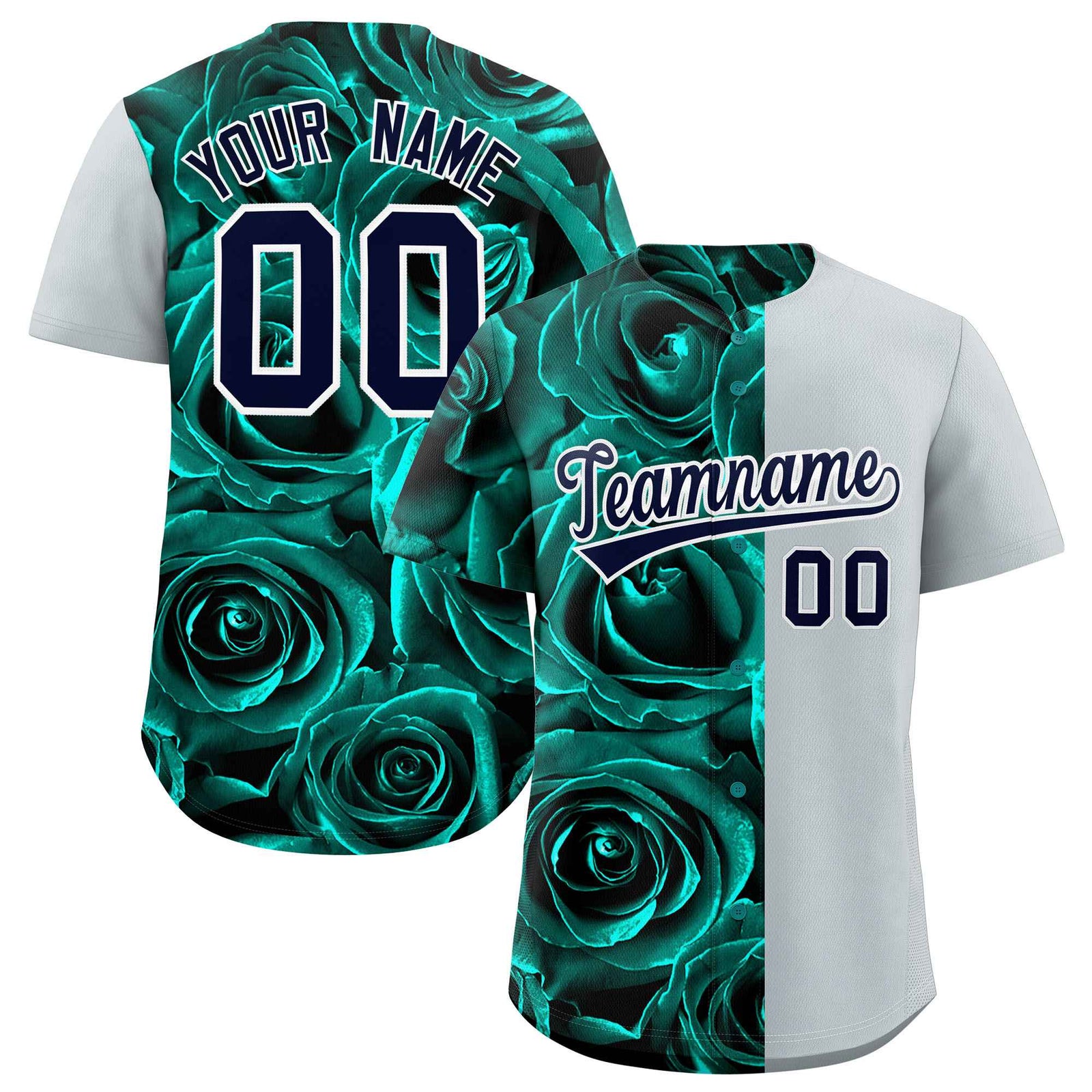 Custom Aqua Silver Split Rose Print Authentic Baseball Jersey