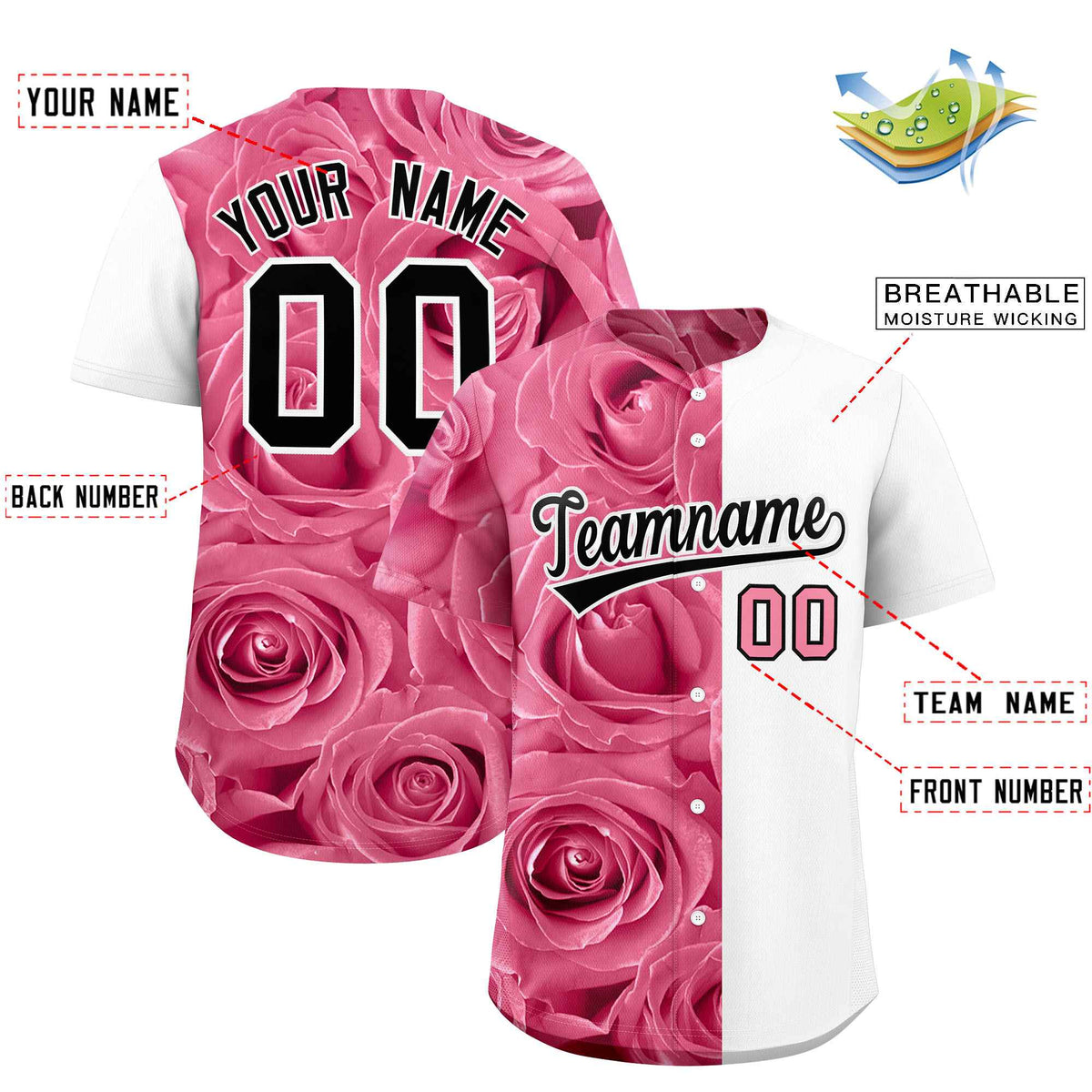 Custom Light Pink White Split Rose Print Authentic Baseball Jersey