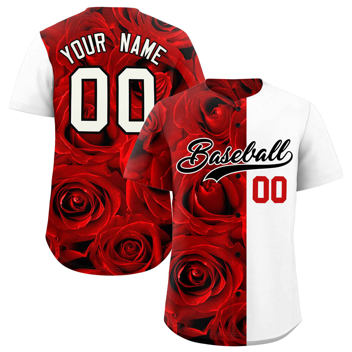 Custom Red White Split Rose Print Authentic Baseball Jersey