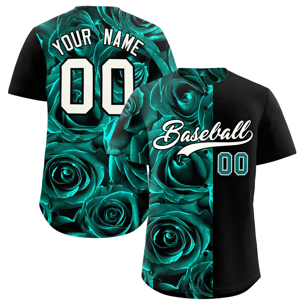 Custom Aqua Black Split Rose Print Authentic Baseball Jersey