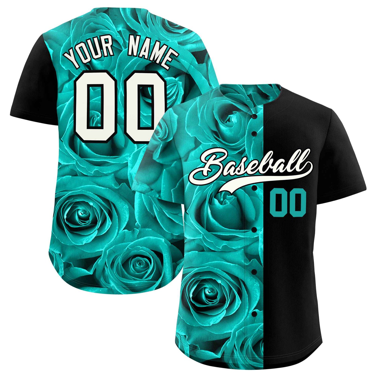 Custom Bright Green Black Split Rose Print Authentic Baseball Jersey