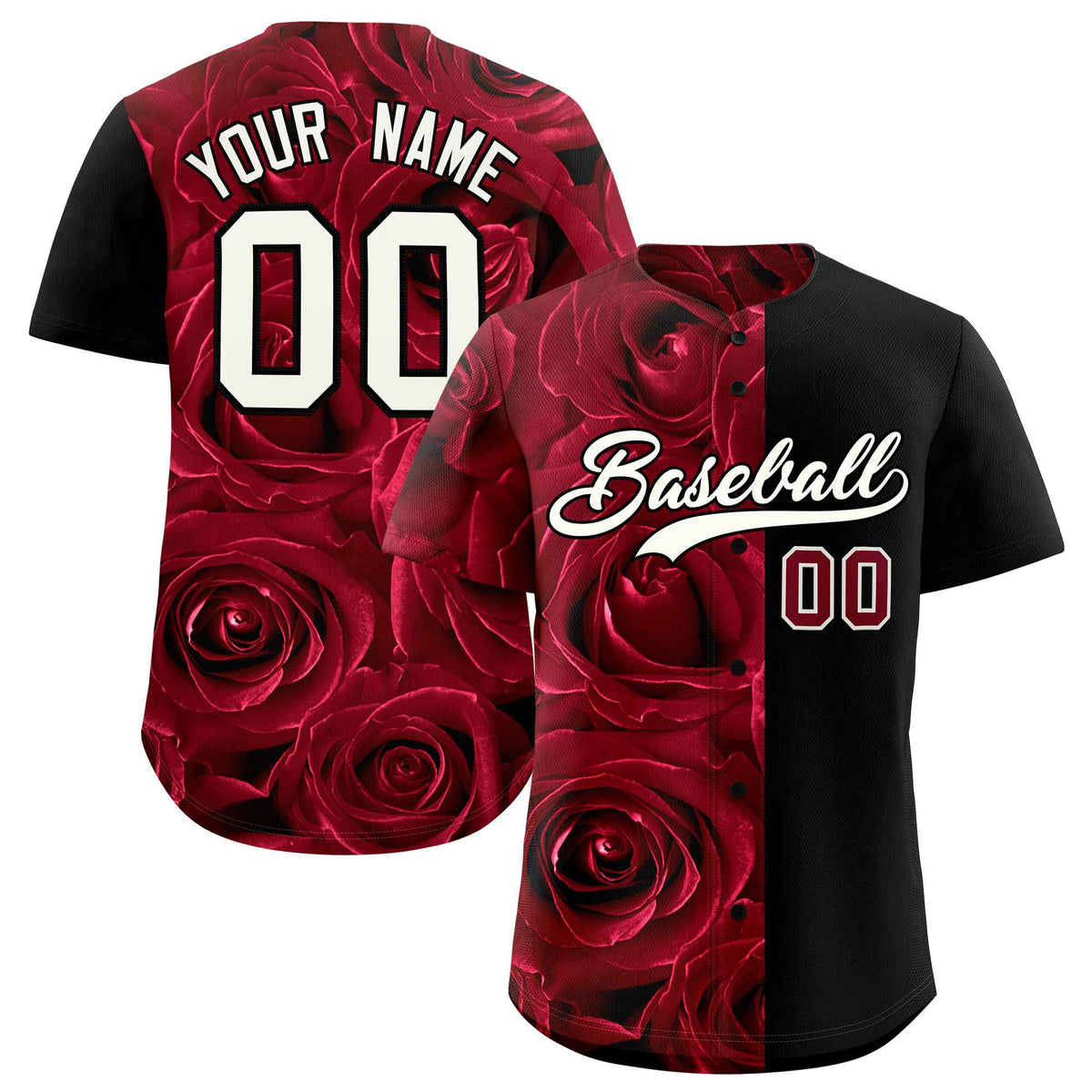 Custom Crimson Black Split Rose Print Authentic Baseball Jersey