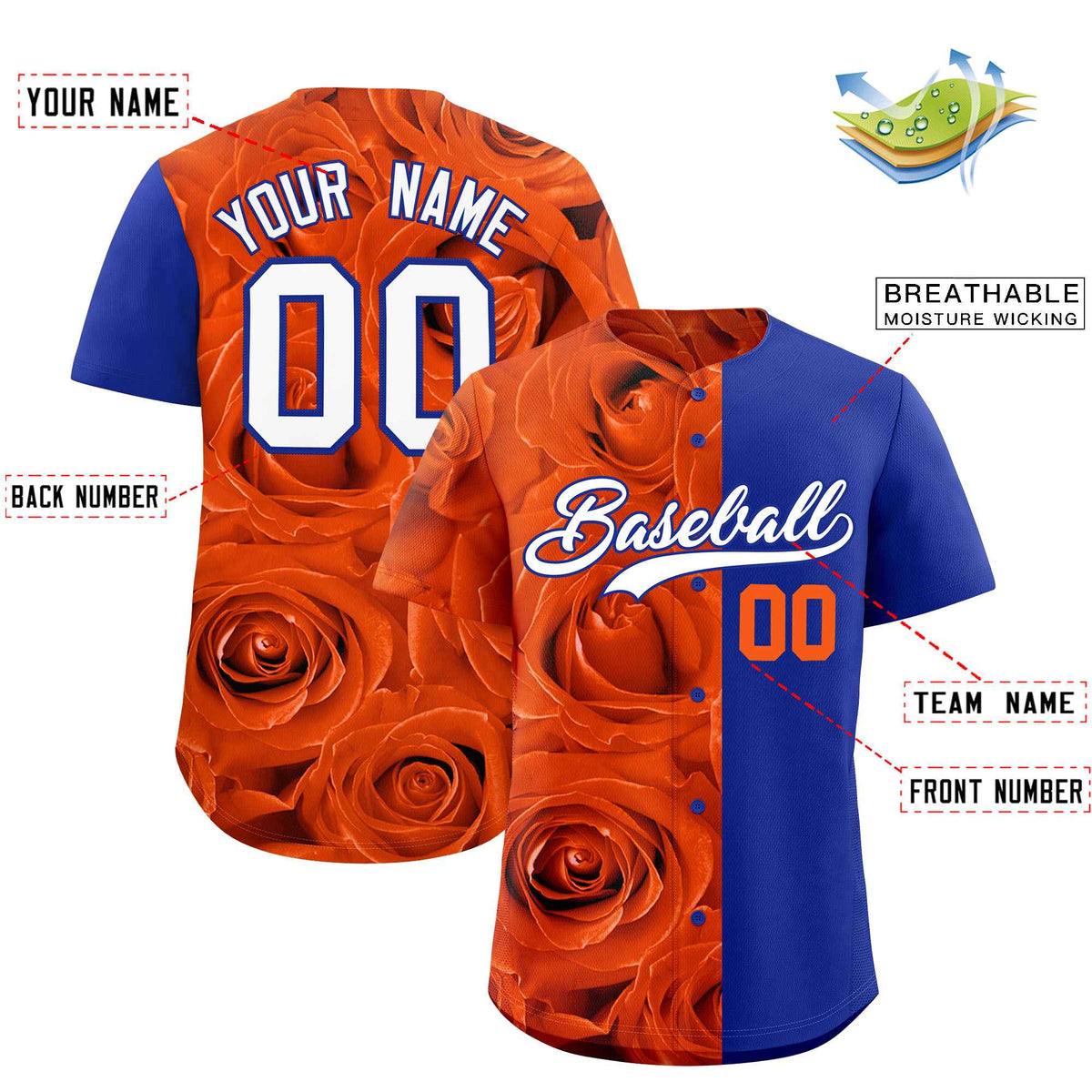 Custom Orange Royal Split Rose Print Authentic Baseball Jersey