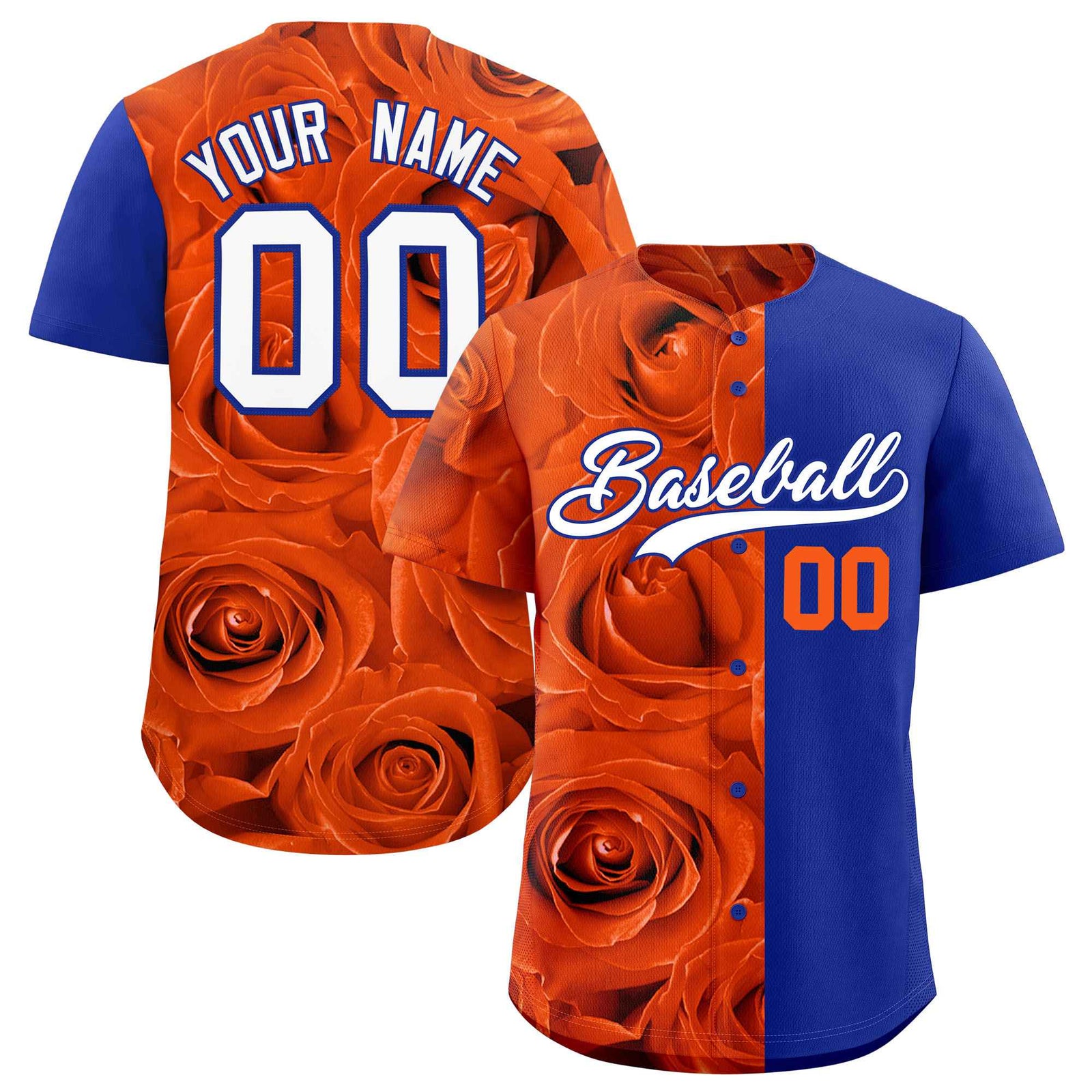 Custom Orange Royal Split Rose Print Authentic Baseball Jersey