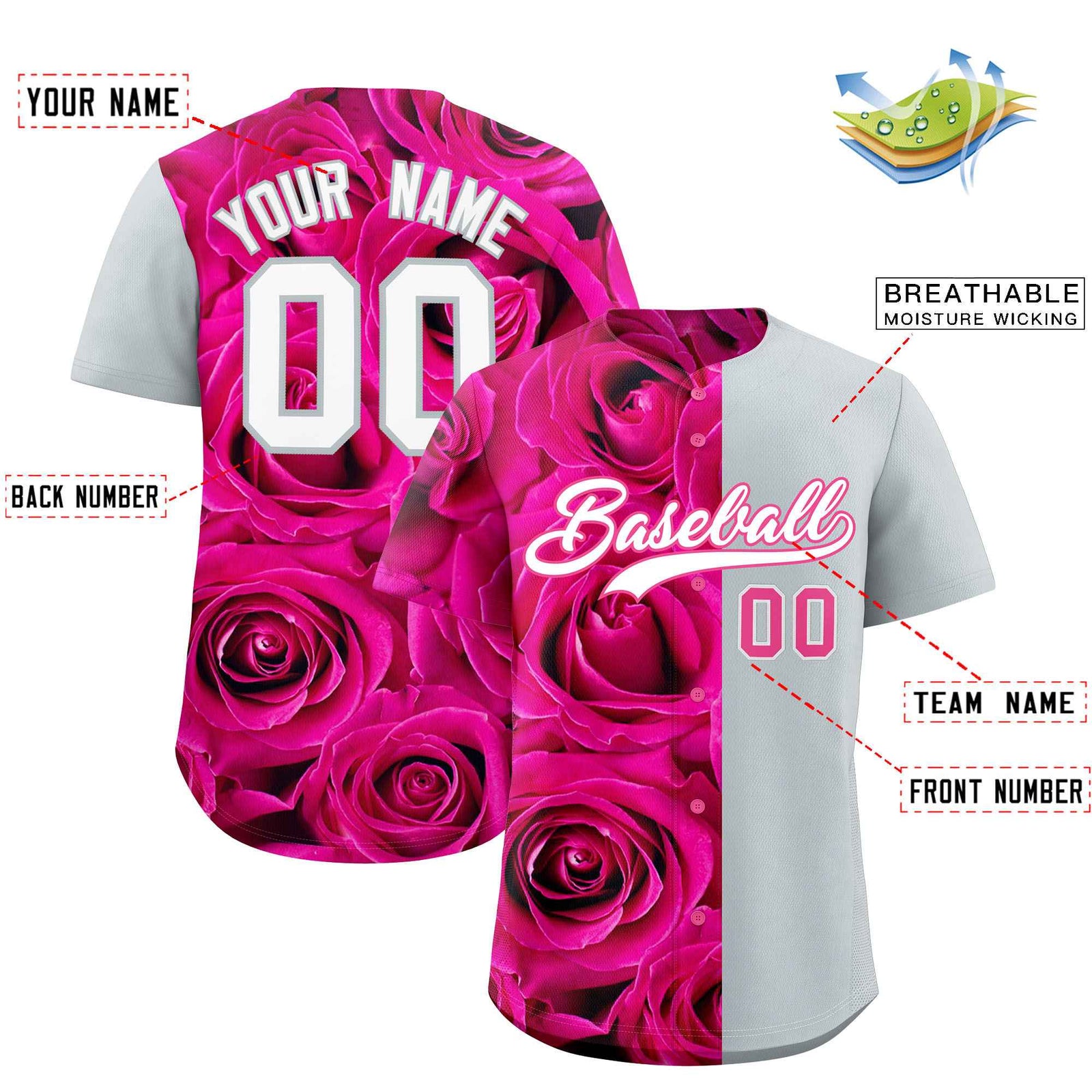 Custom Pink Silver Split Rose Print Authentic Baseball Jersey