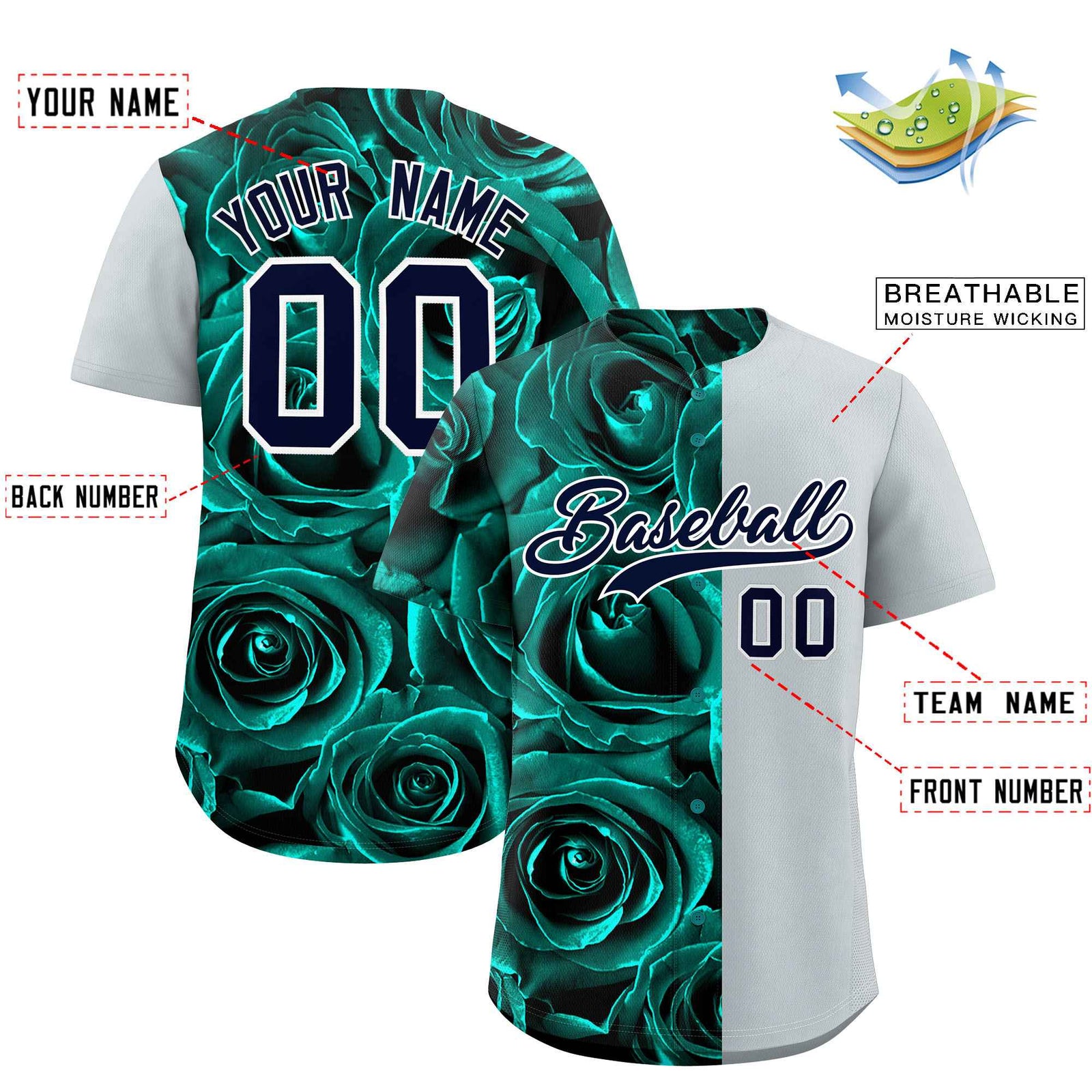 Custom Aqua Silver Split Rose Print Authentic Baseball Jersey