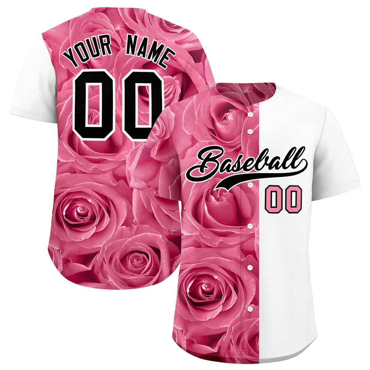 Custom Light Pink White Split Rose Print Authentic Baseball Jersey