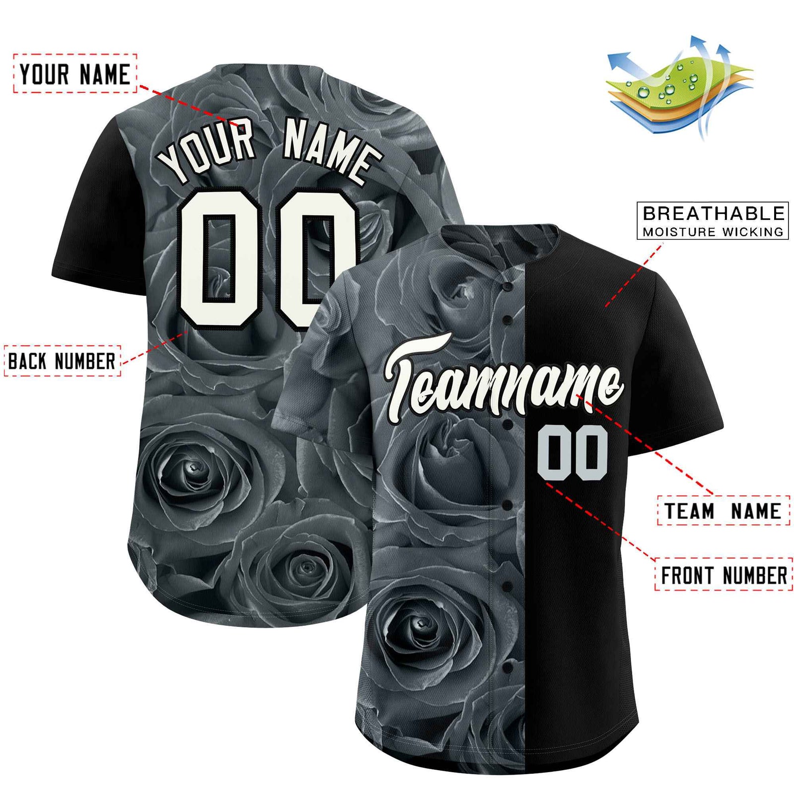 Custom Silver Black Split Rose Print Authentic Baseball Jersey