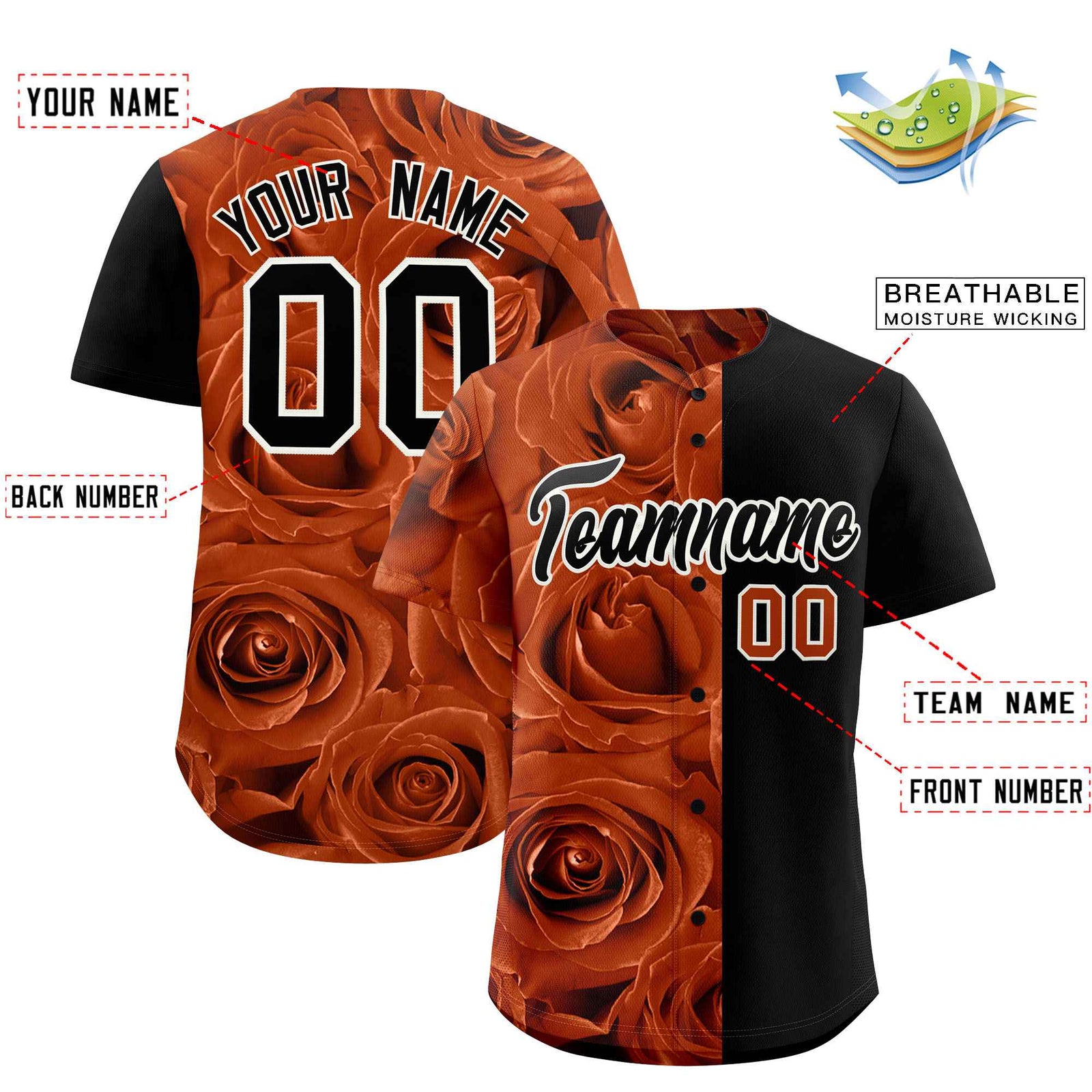 Custom Texas Orange Black Split Rose Print Authentic Baseball Jersey