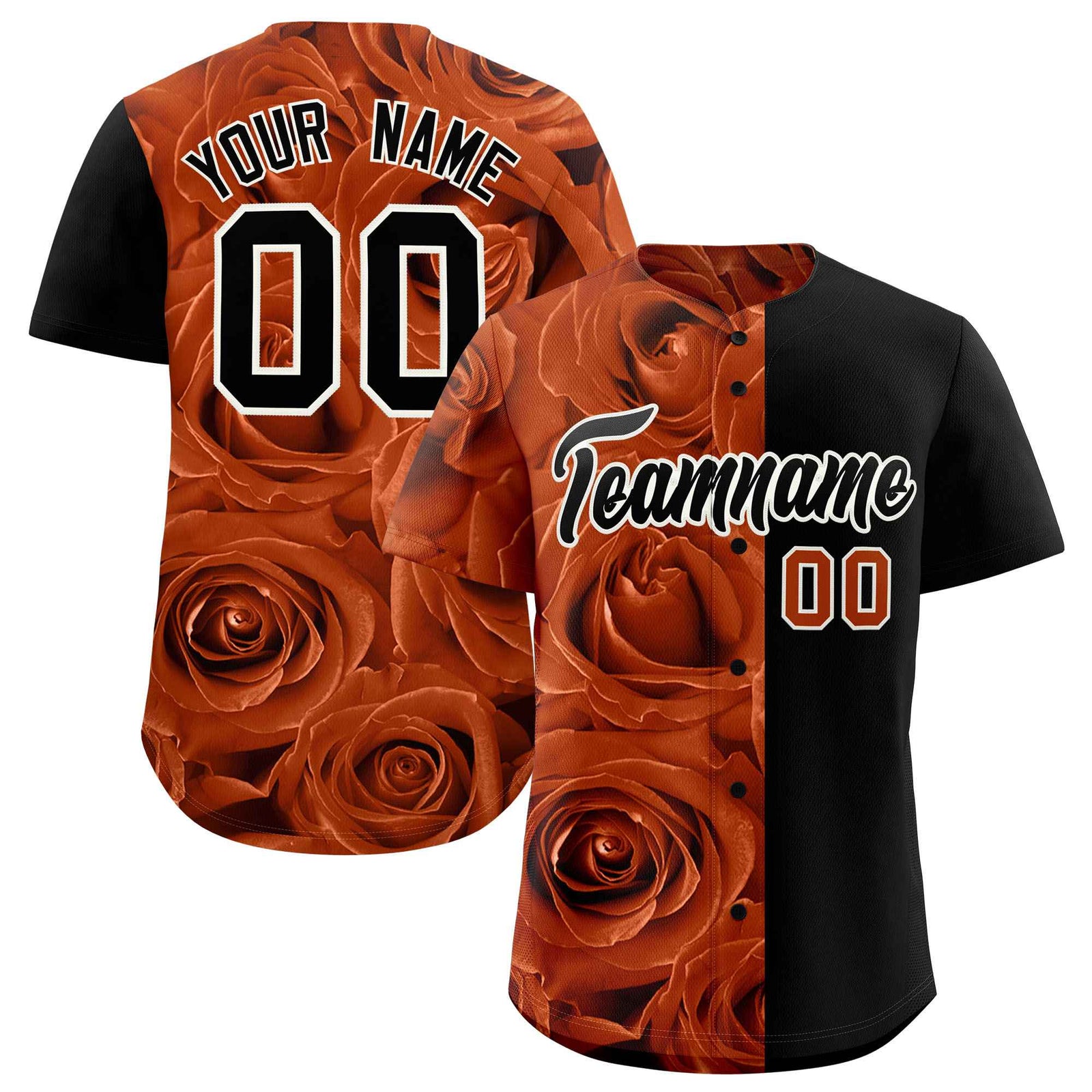 Custom Texas Orange Black Split Rose Print Authentic Baseball Jersey