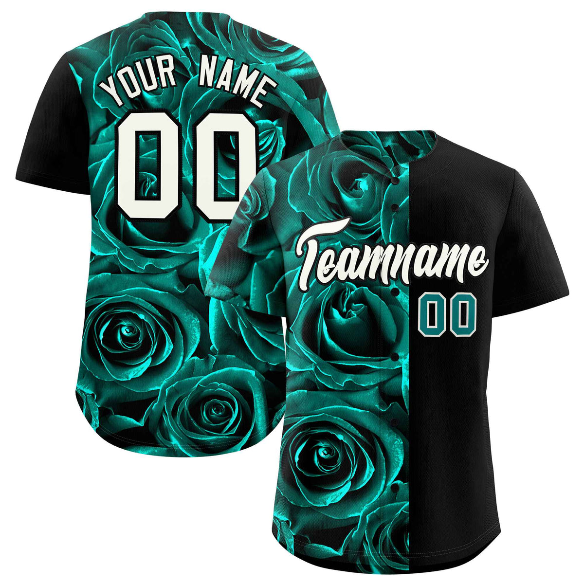 Custom Aqua Black Split Rose Print Authentic Baseball Jersey