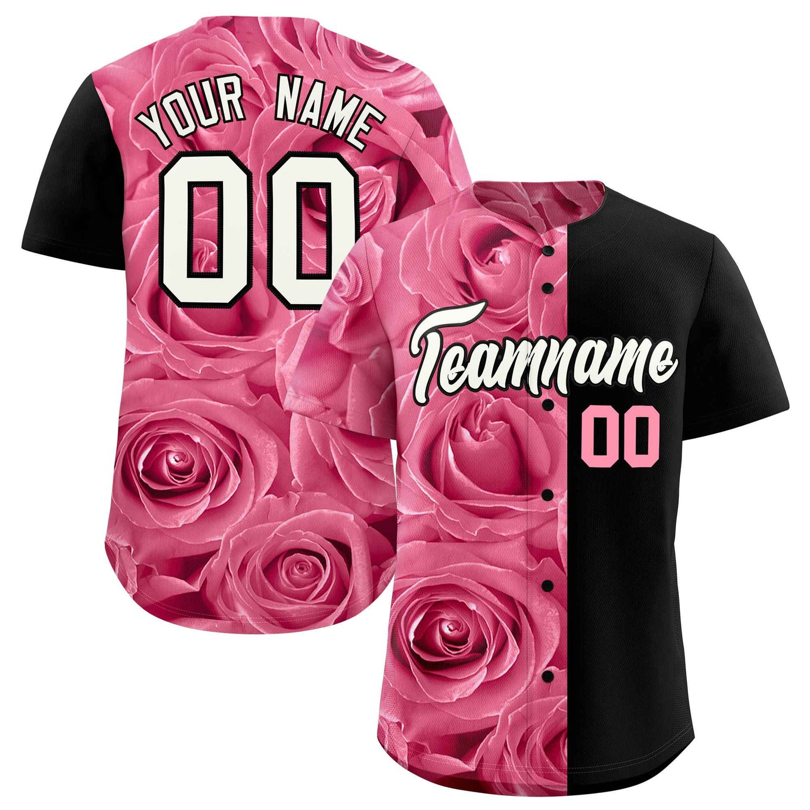 Custom Light Pink Black Split Rose Print Authentic Baseball Jersey