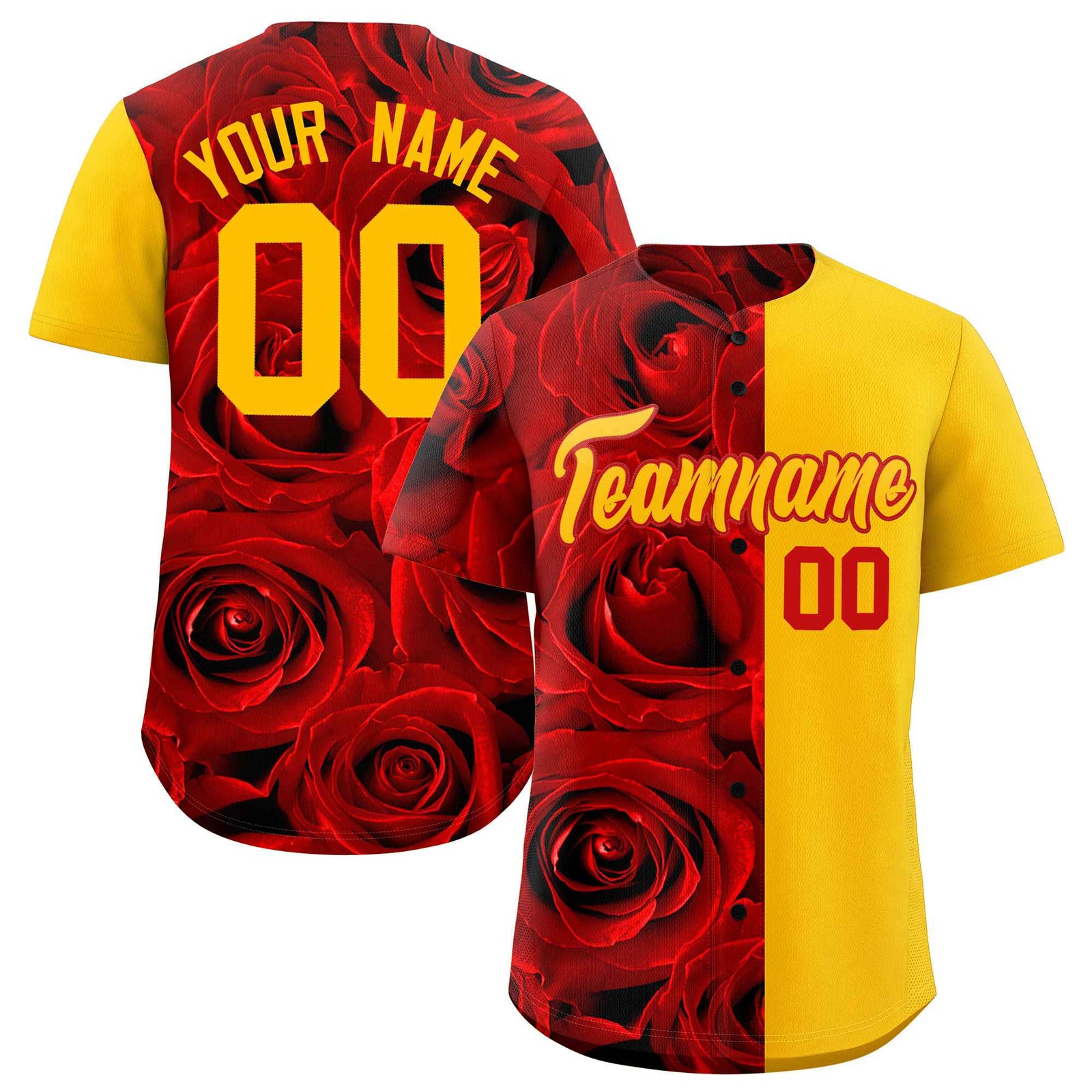 Custom Red Yellow Split Rose Print Authentic Baseball Jersey
