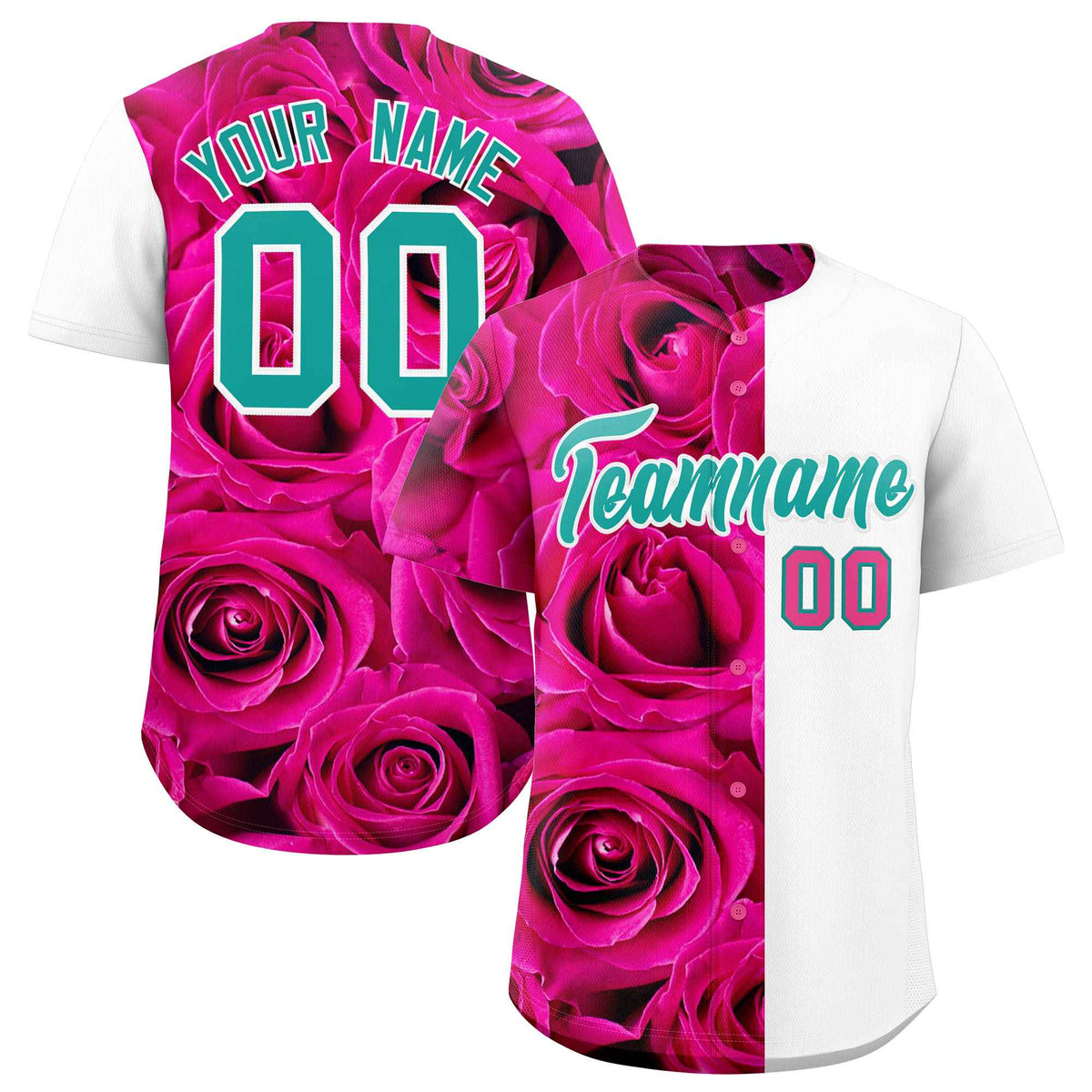 Custom Pink White Split Rose Print Authentic Baseball Jersey