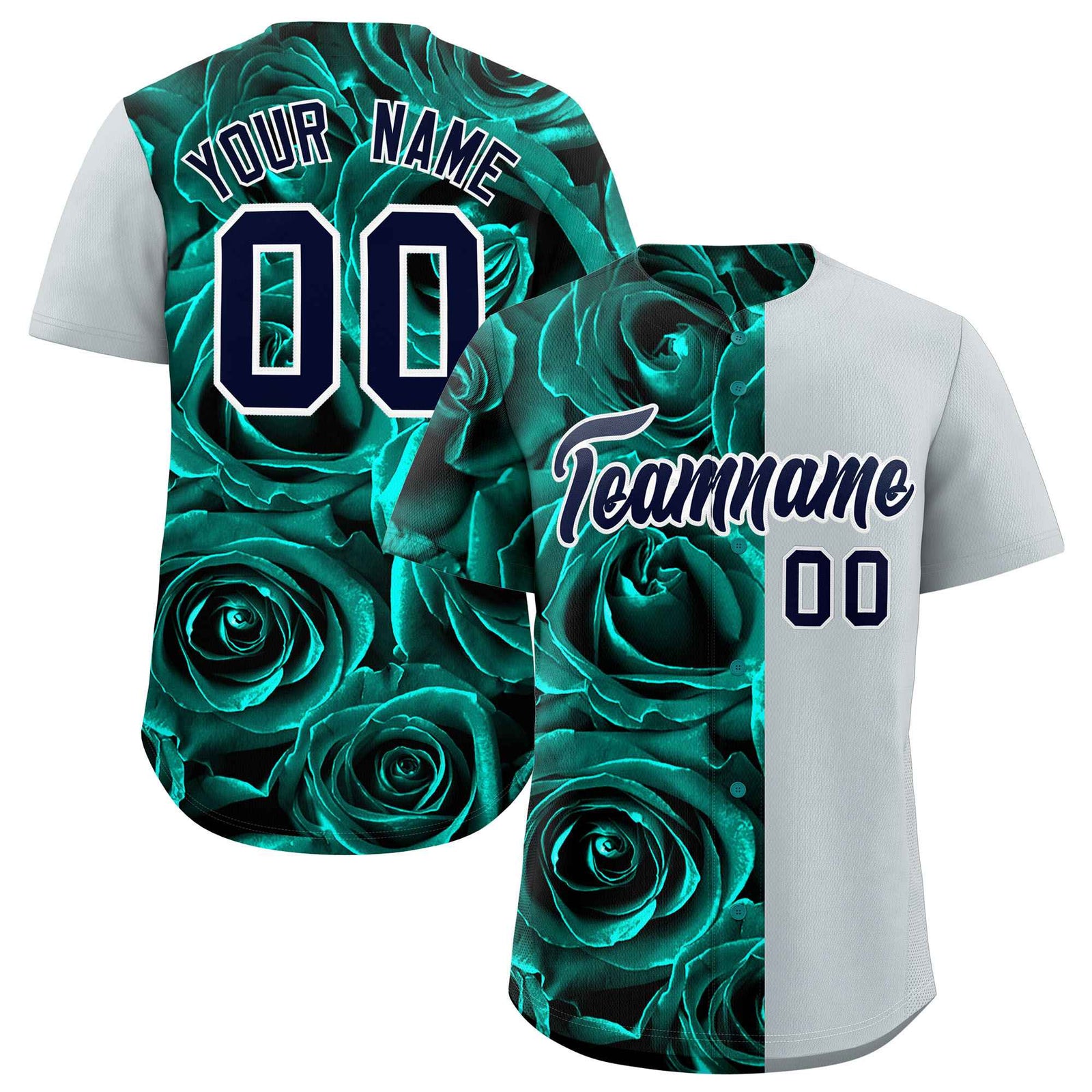 Custom Aqua Silver Split Rose Print Authentic Baseball Jersey