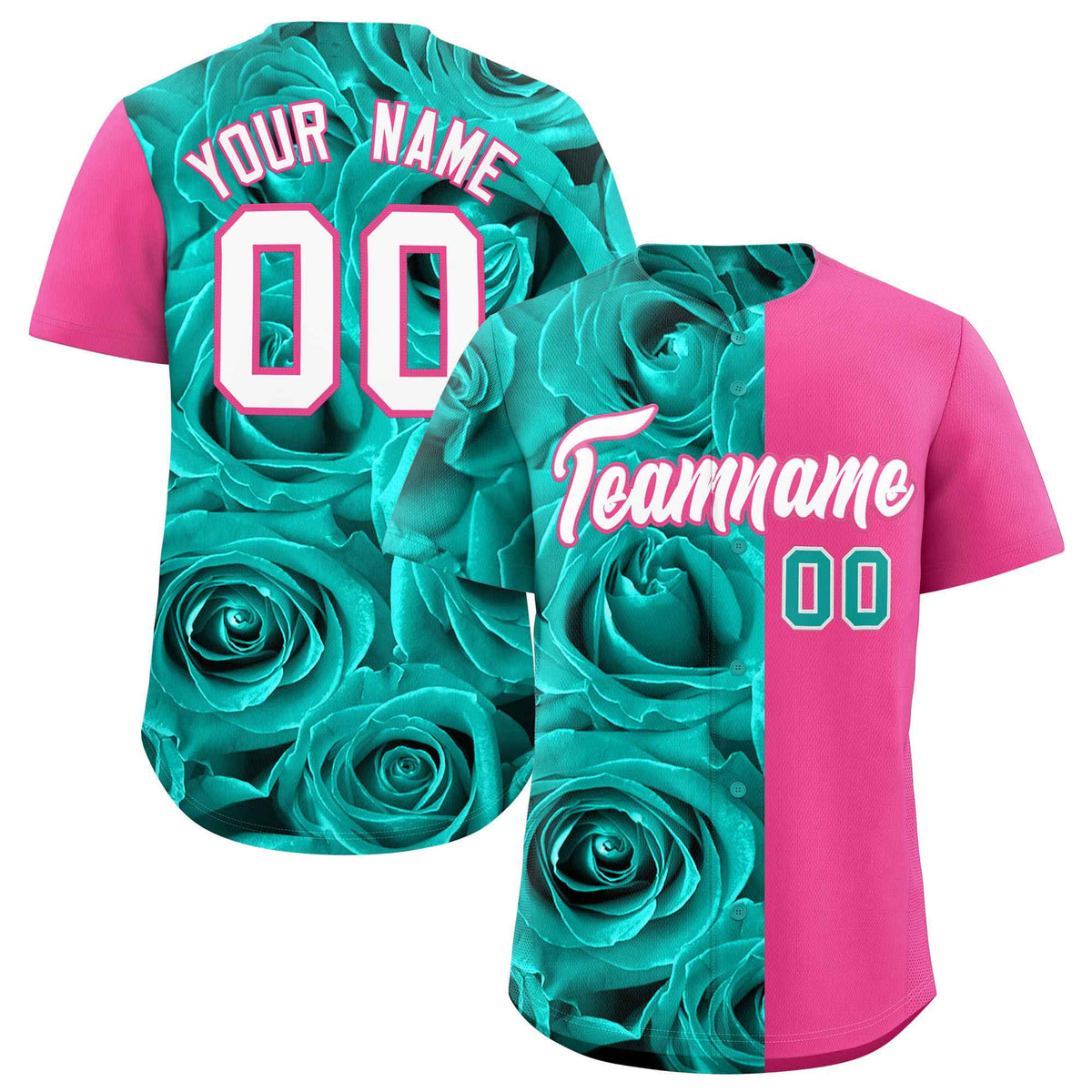Custom Aqua Pink Split Rose Print Authentic Baseball Jersey