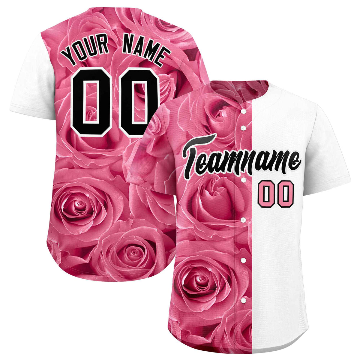 Custom Light Pink White Split Rose Print Authentic Baseball Jersey