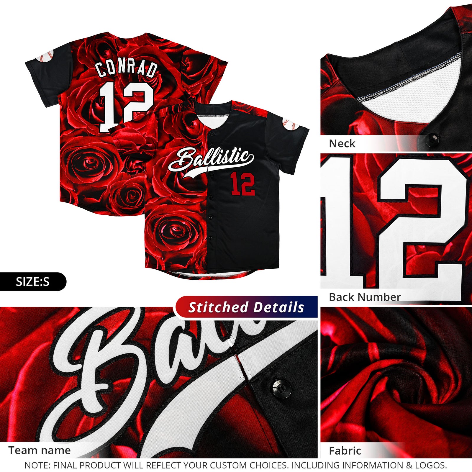 Custom Red Black Split Rose Print Authentic Baseball Jersey
