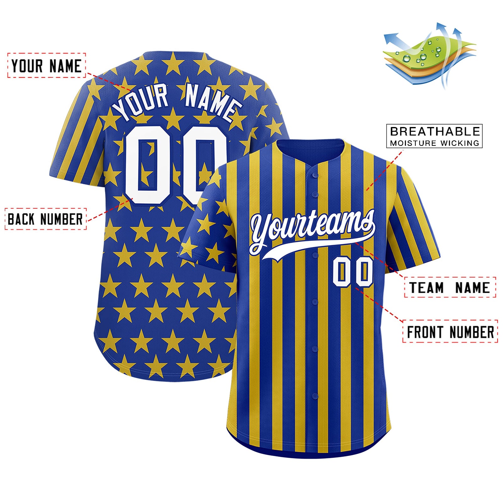 Custom Royal Blue Gold American Flag Graffiti Pattern Baseball Jersey| KXKSHOP