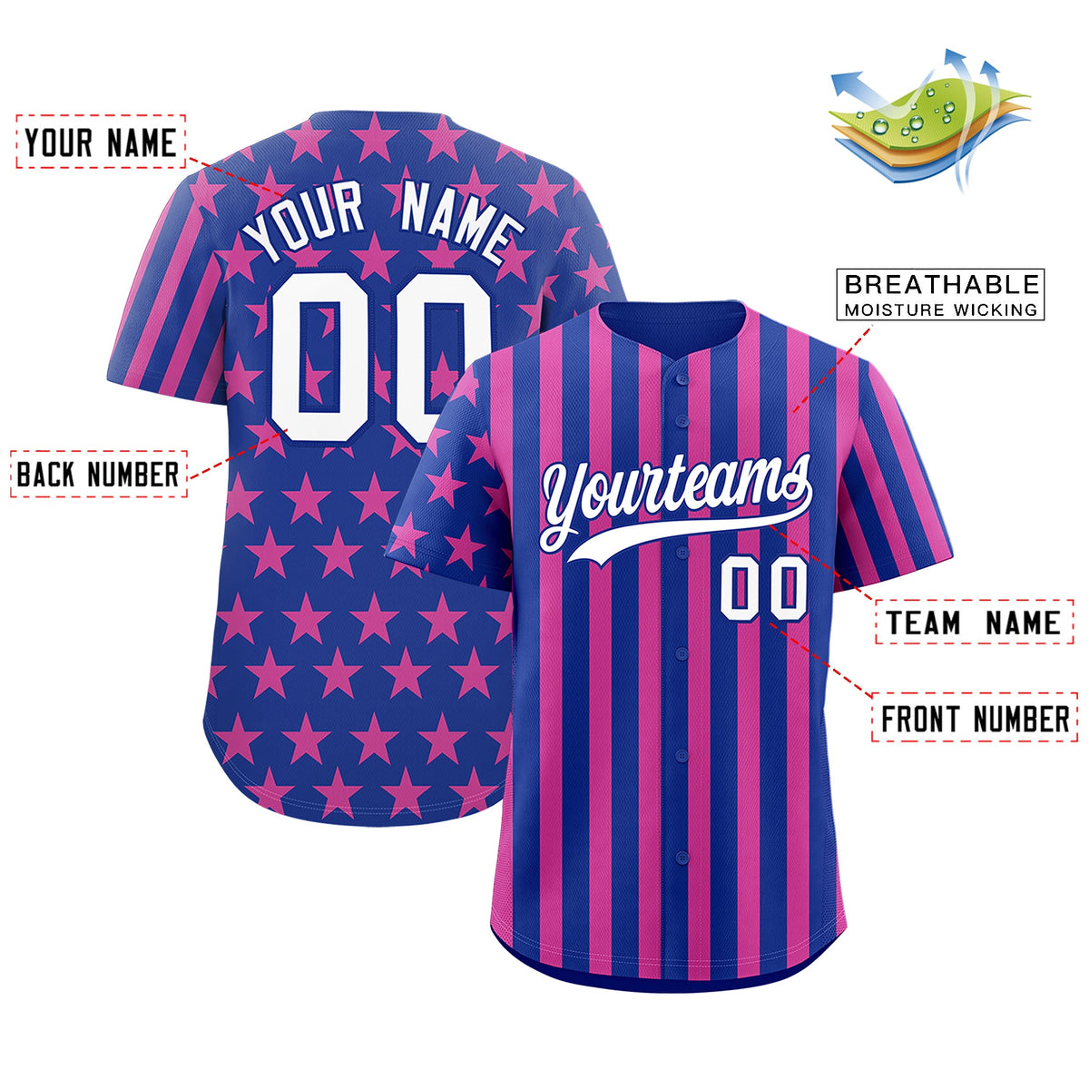 Custom Royal Blue Pink American Flag Graffiti Pattern Baseball Jersey| KXKSHOP