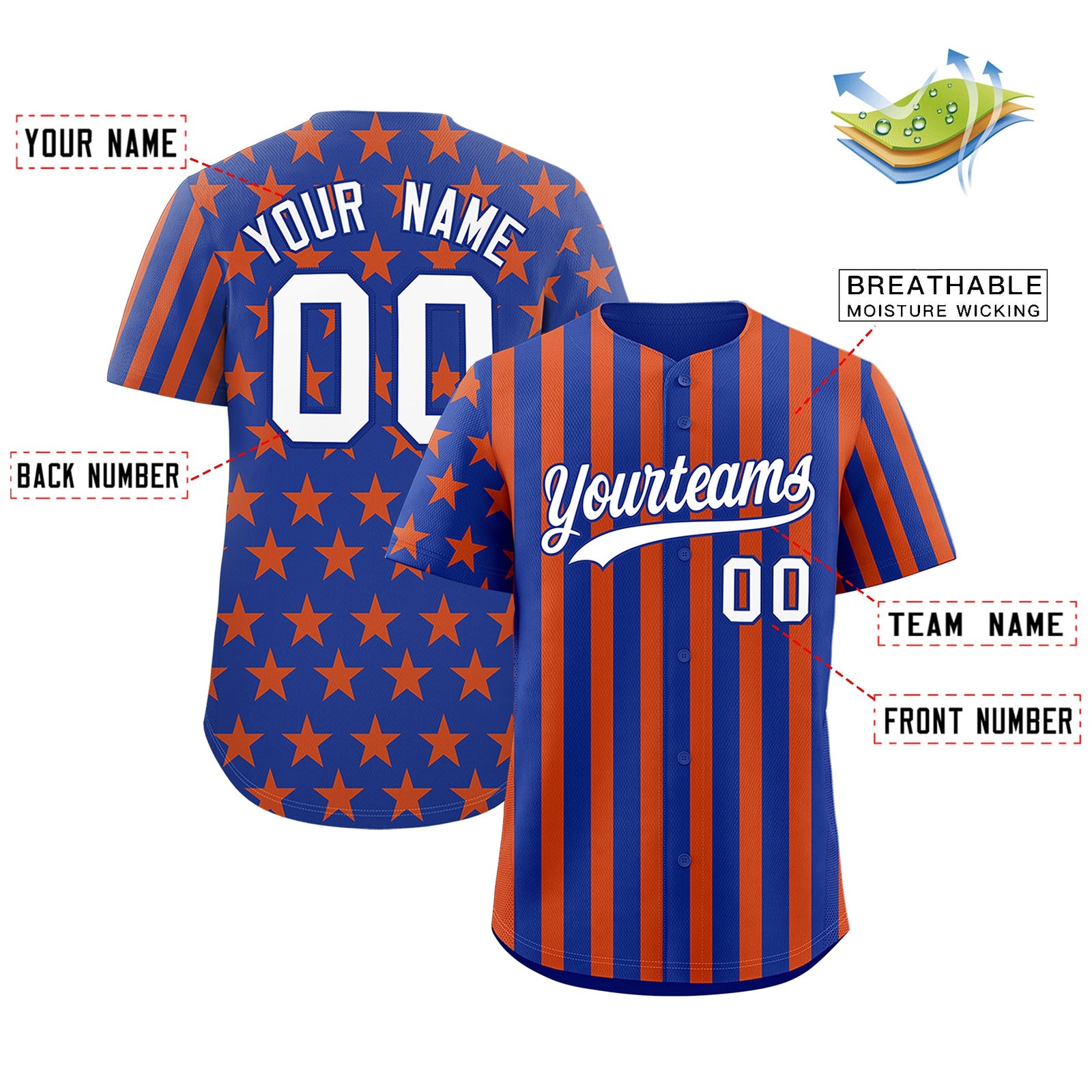 Custom Royal Blue Orange American Flag Graffiti Pattern Baseball Jersey| KXKSHOP