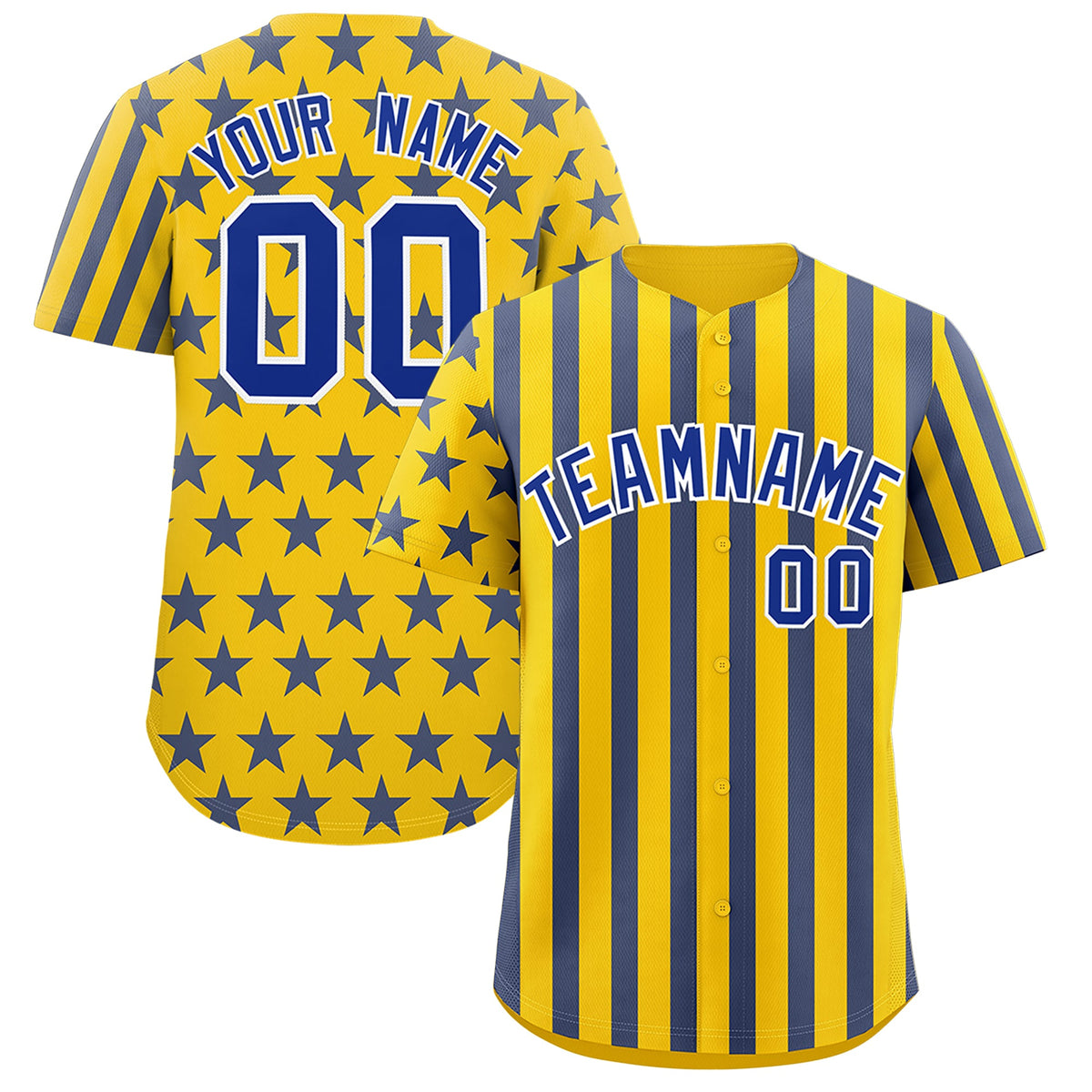 Custom Gold Royal Blue American Flag Graffiti Pattern Baseball Jersey| KXKSHOP